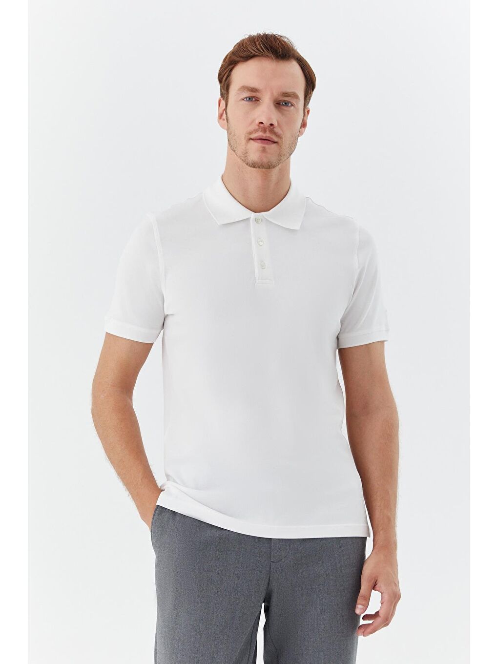 Beyaz %100 Pamuk Düğmeli Polo Yaka Erkek T-Shirt-5
