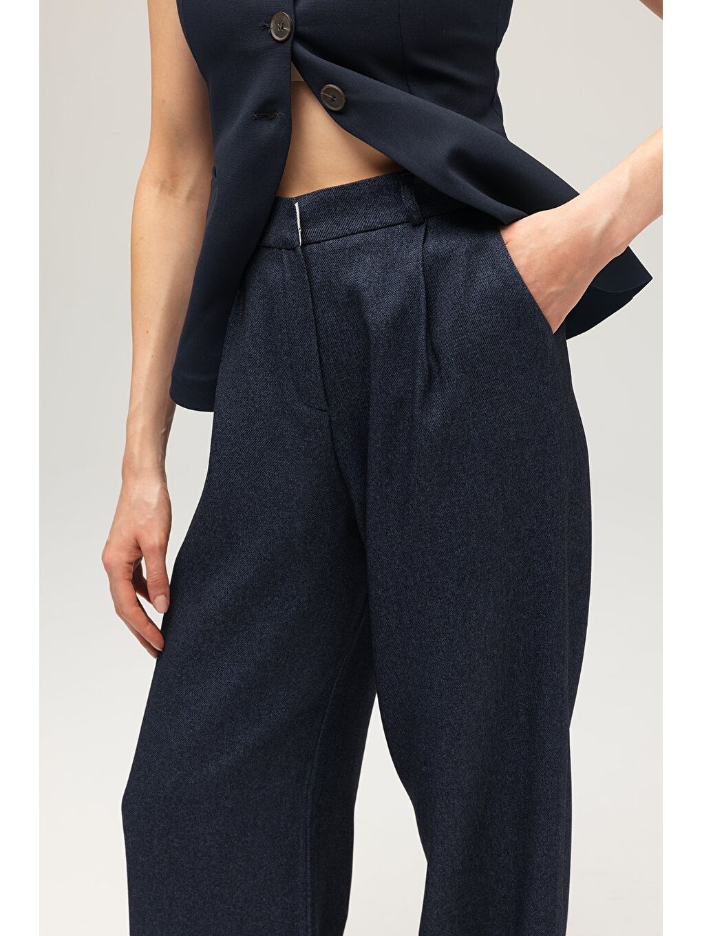 Lacivert Kadın Yün Görünümlü Yüksek Bel Geniş Paça Dokuma Pantolon-2