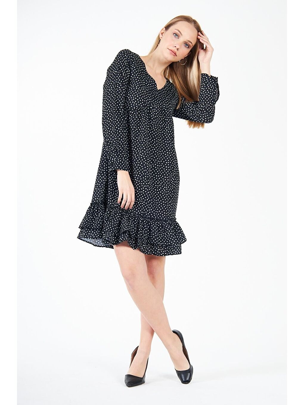 Kadın Uzun Kollu Nokta Desenli Siyah Mini Elbise-3