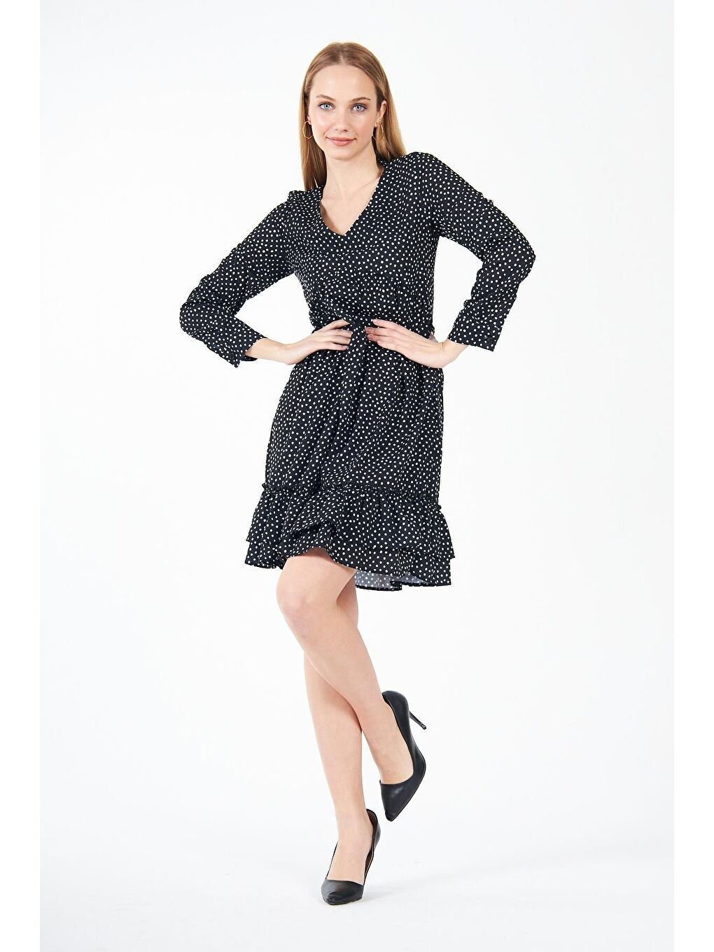 Kadın Uzun Kollu Nokta Desenli Siyah Mini Elbise-4