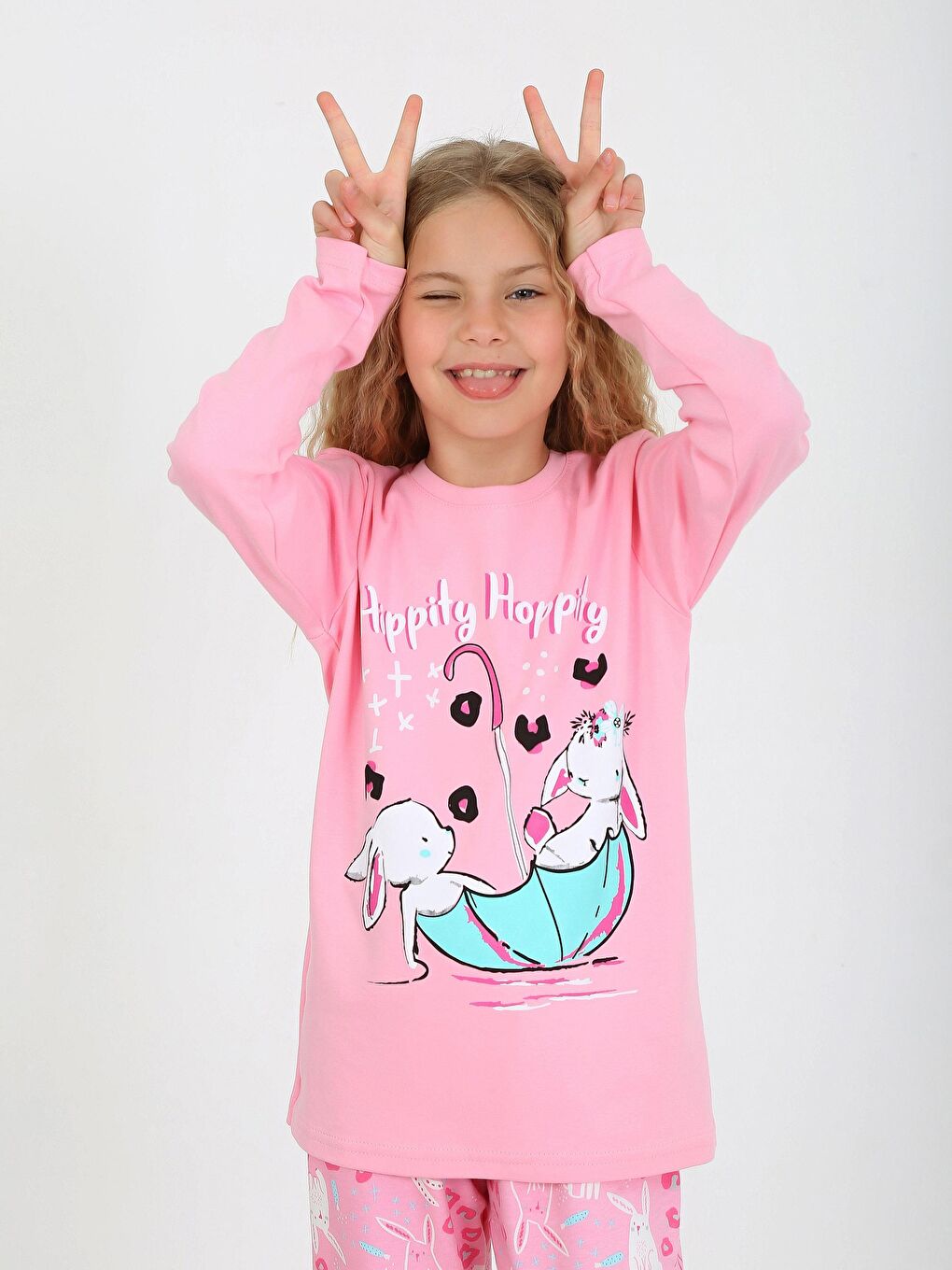 Vitmo Pembe Kız Çocuk Uzun Kollu %100 Pamuklu Pijama Takımı Hippity Hoppity