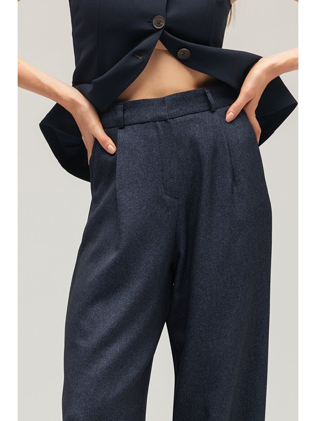 Lacivert Kadın Yün Görünümlü Yüksek Bel Geniş Paça Dokuma Pantolon-3