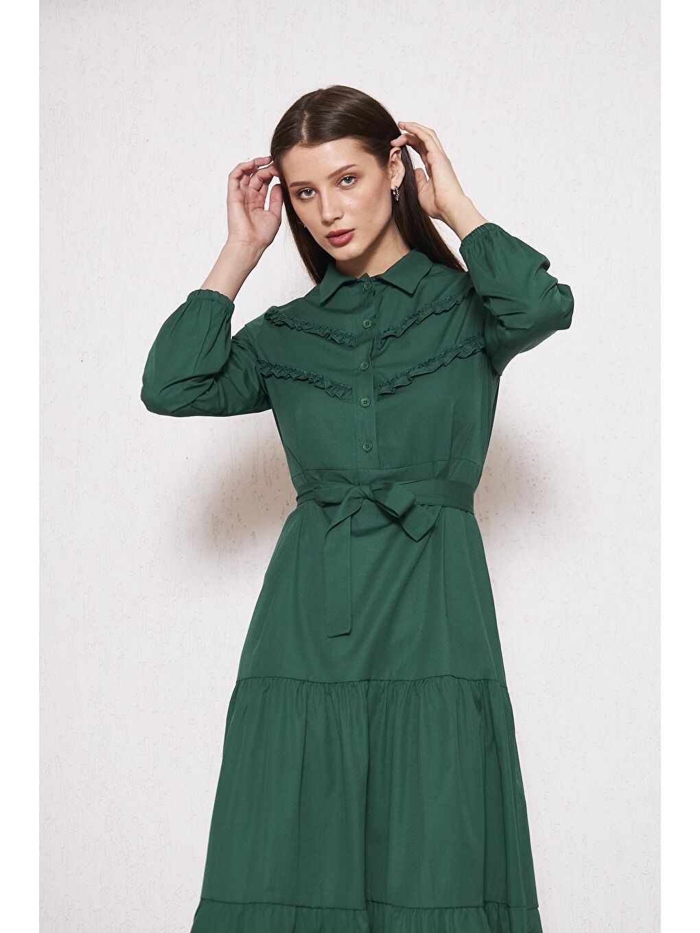 Yeşil Kadın Katlı Pilise Detaylı Gömlek Yaka Elbise