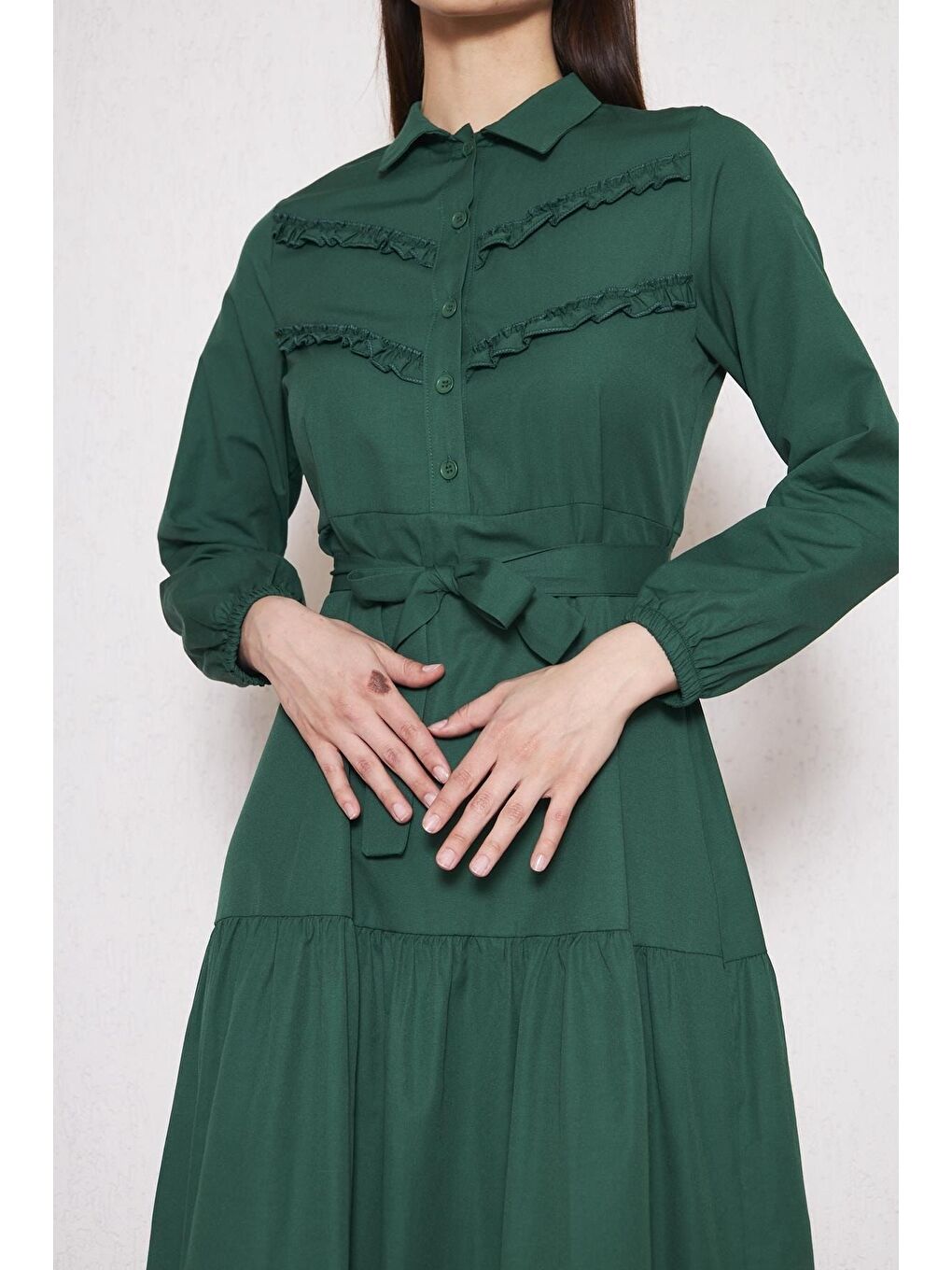 Yeşil Kadın Katlı Pilise Detaylı Gömlek Yaka Elbise-1