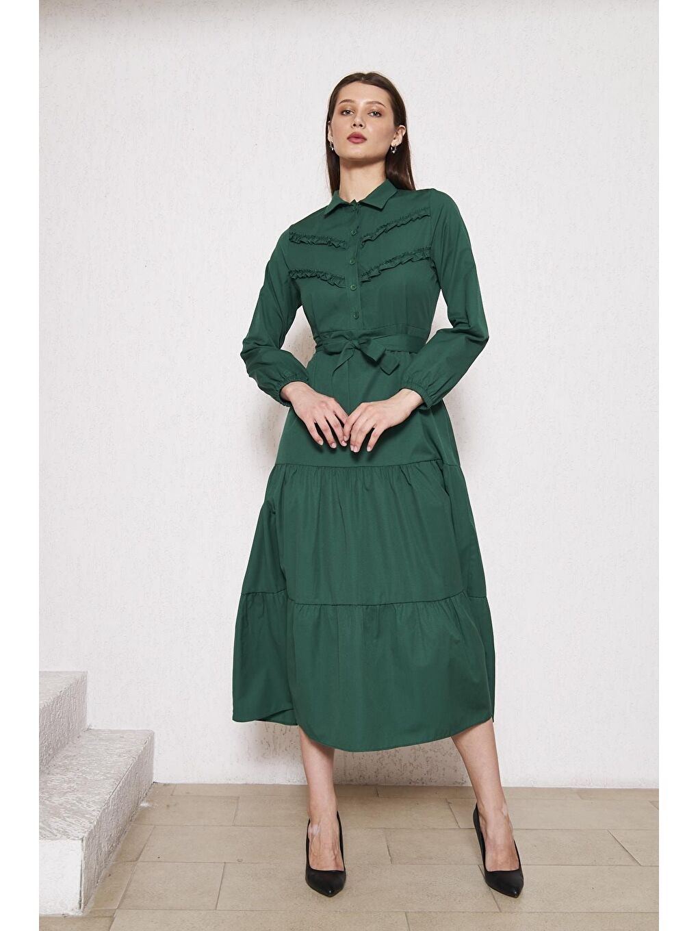 Yeşil Kadın Katlı Pilise Detaylı Gömlek Yaka Elbise-2