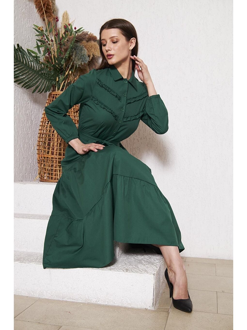 Yeşil Kadın Katlı Pilise Detaylı Gömlek Yaka Elbise-3