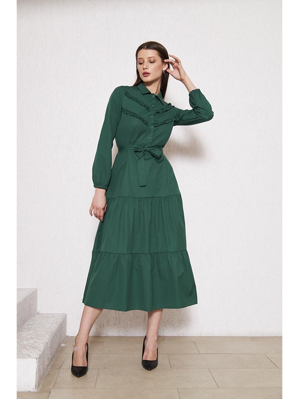 Yeşil Kadın Katlı Pilise Detaylı Gömlek Yaka Elbise-4