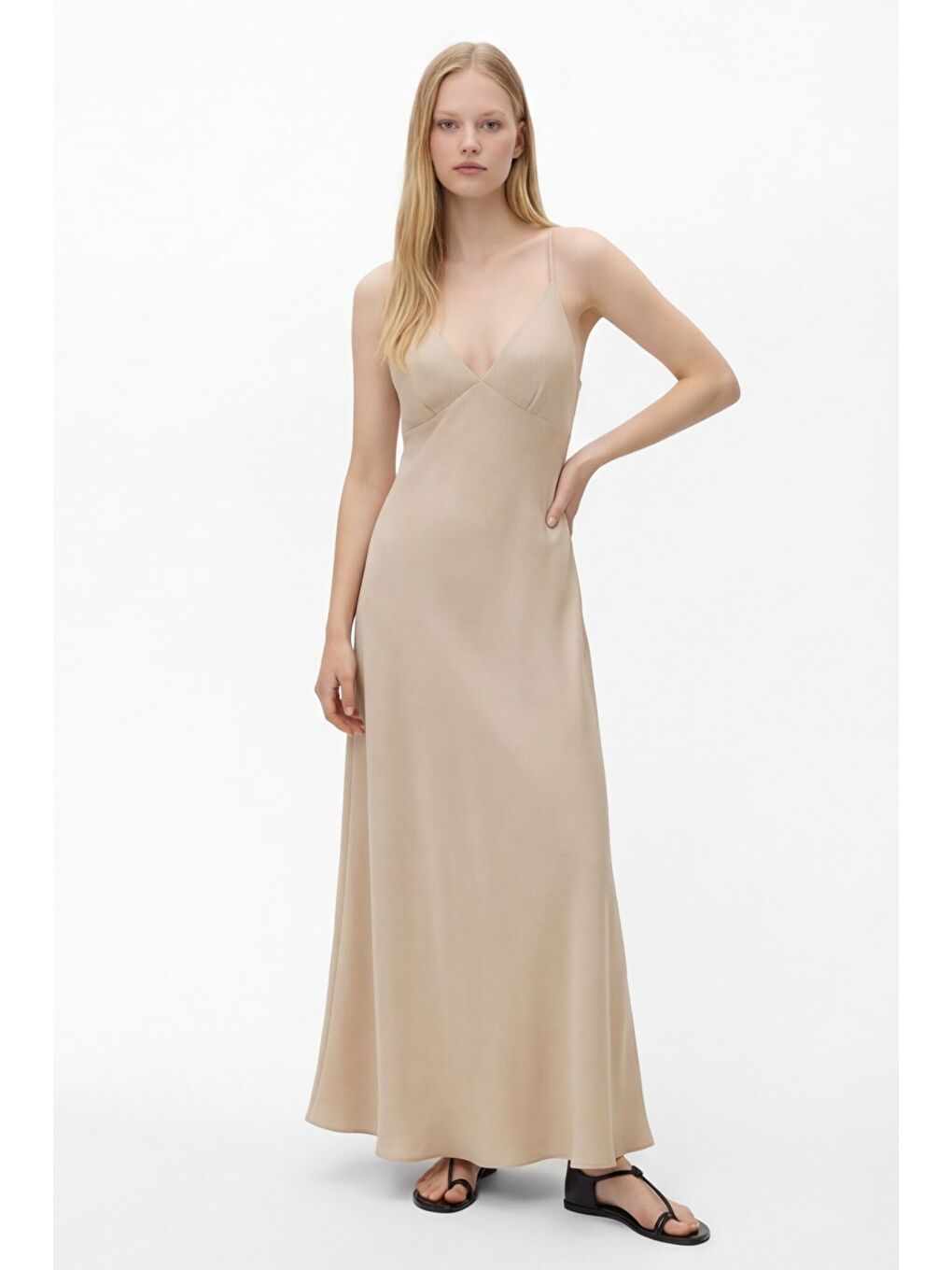 Bej Çapraz İp Askılı V Yaka Uzun Elbise Taş