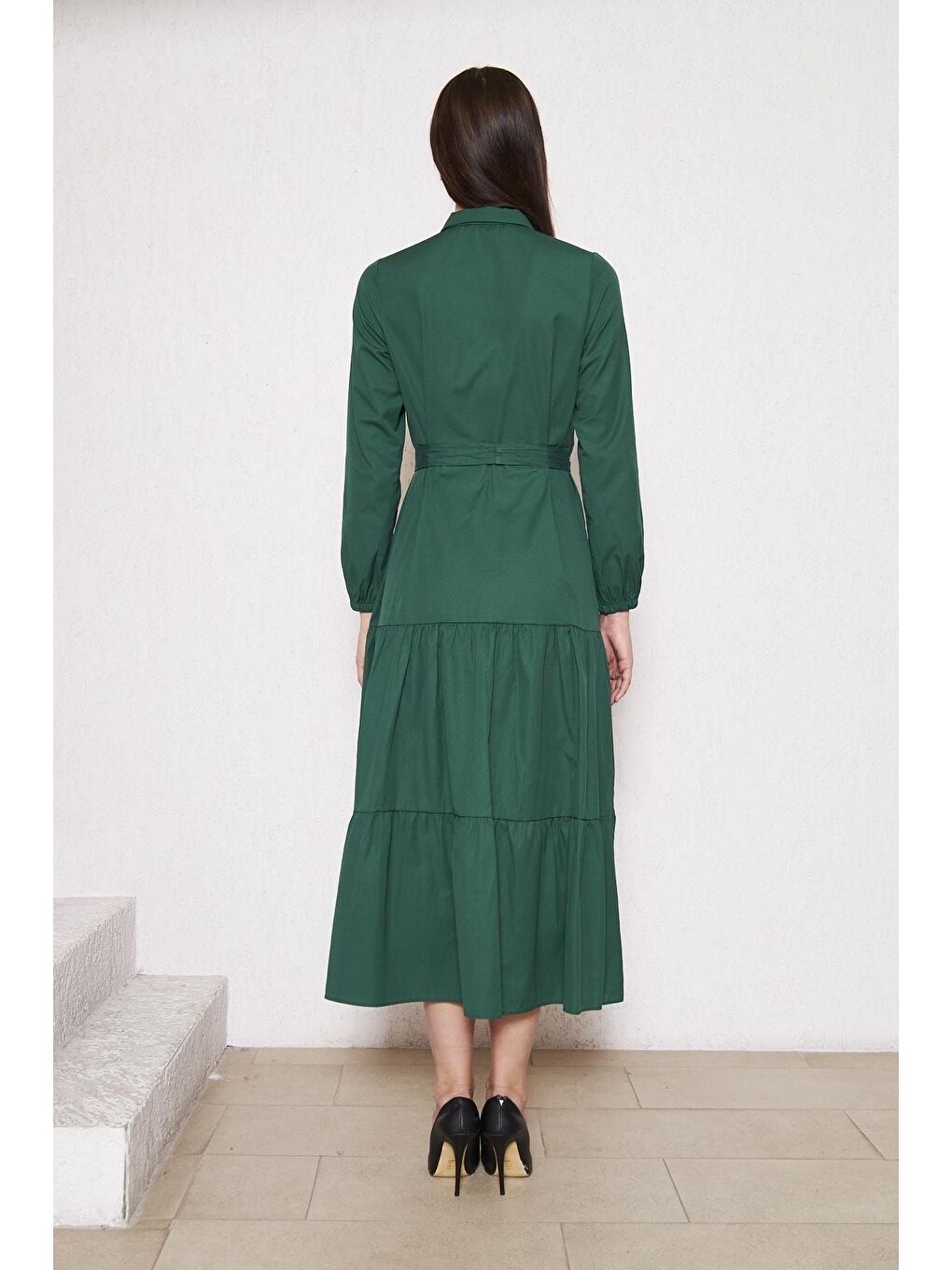 Yeşil Kadın Katlı Pilise Detaylı Gömlek Yaka Elbise-5