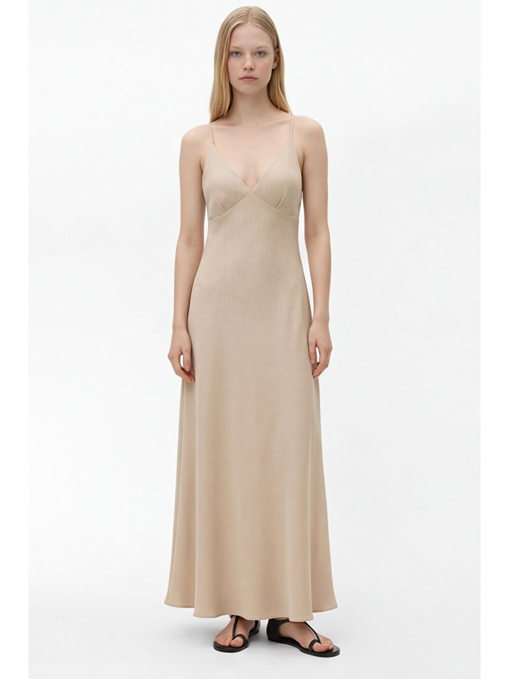 Bej Çapraz İp Askılı V Yaka Uzun Elbise Taş-1