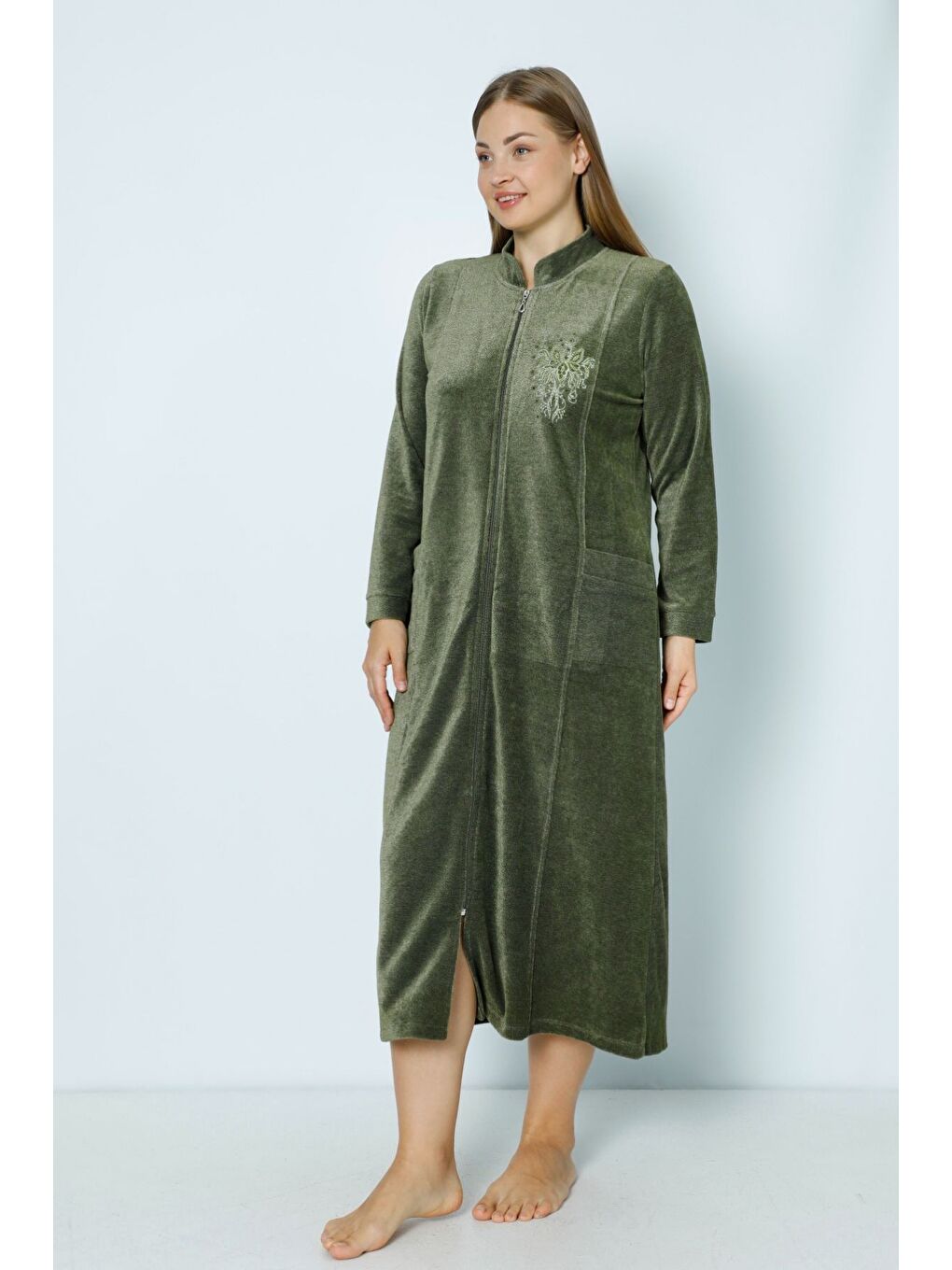 Haki Lacivert Uzun Kollu Fermuarlı Nakışlı Kadın Büyük Beden Pamuklu Kadife Elbise-1