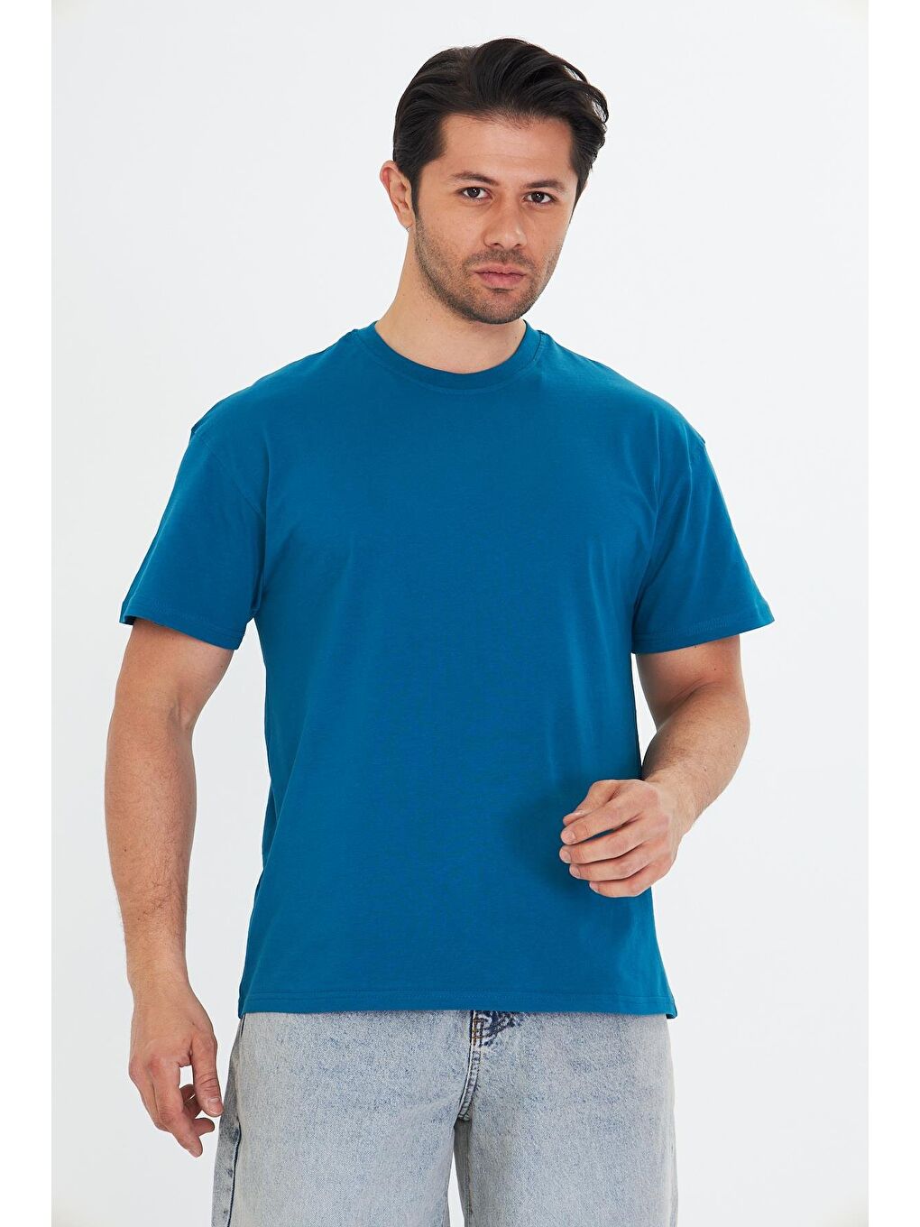 Erkek Pamuklu Bisiklet Yaka Oversize Tişört Mavi 5015-M-2