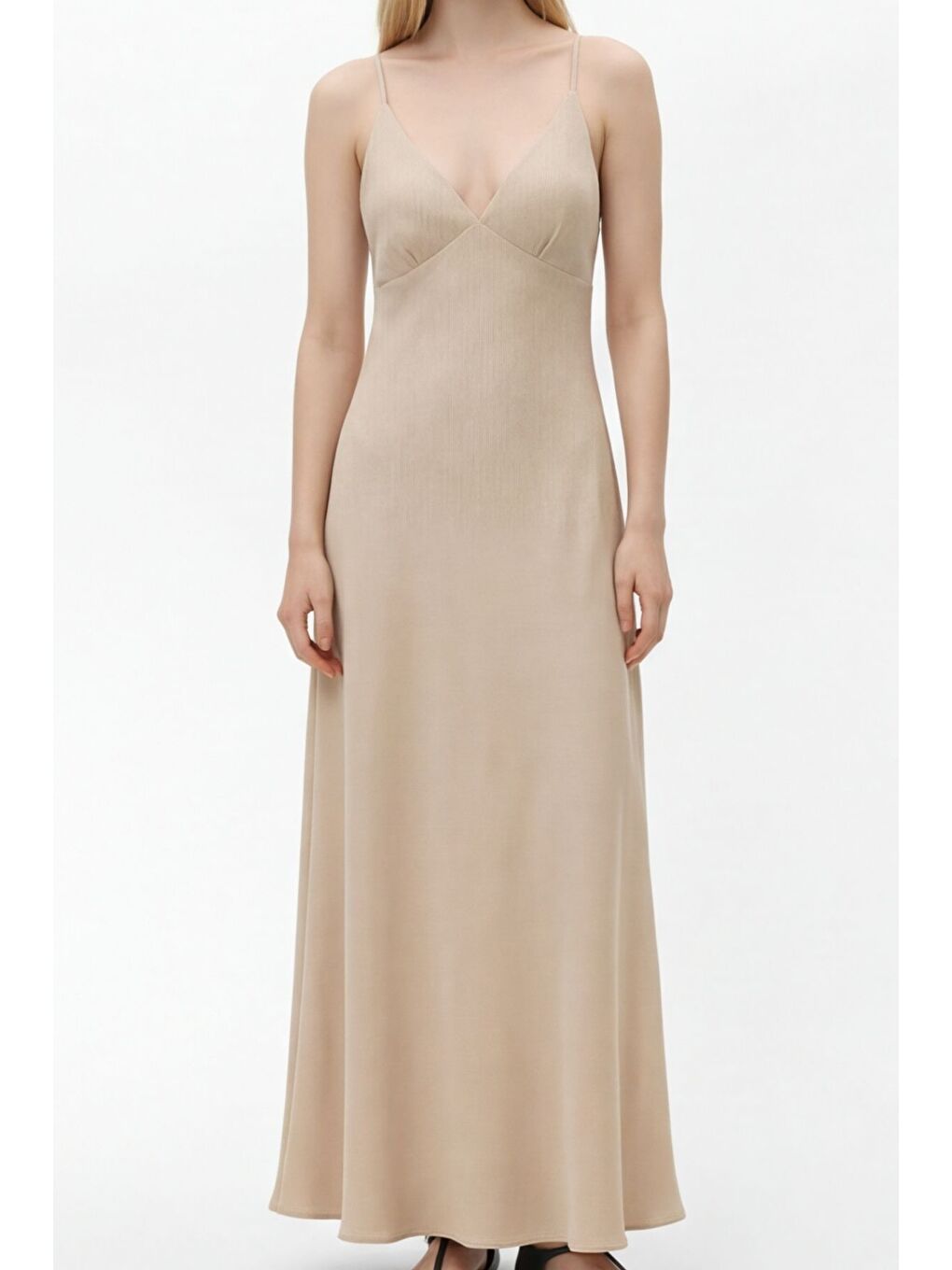 Bej Çapraz İp Askılı V Yaka Uzun Elbise Taş-2