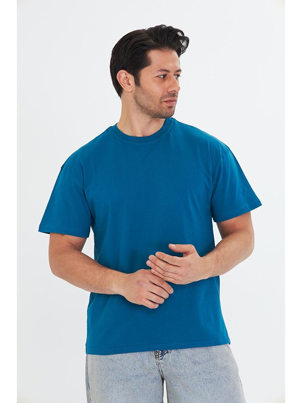 Erkek Pamuklu Bisiklet Yaka Oversize Tişört Mavi 5015-M-3