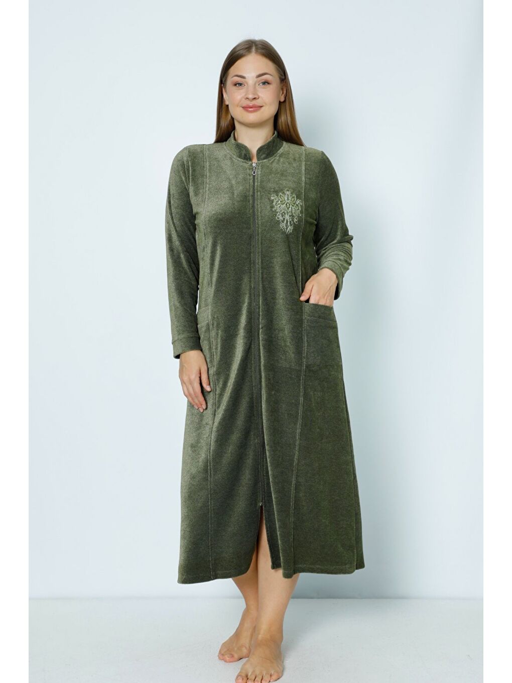 Haki Lacivert Uzun Kollu Fermuarlı Nakışlı Kadın Büyük Beden Pamuklu Kadife Elbise-2