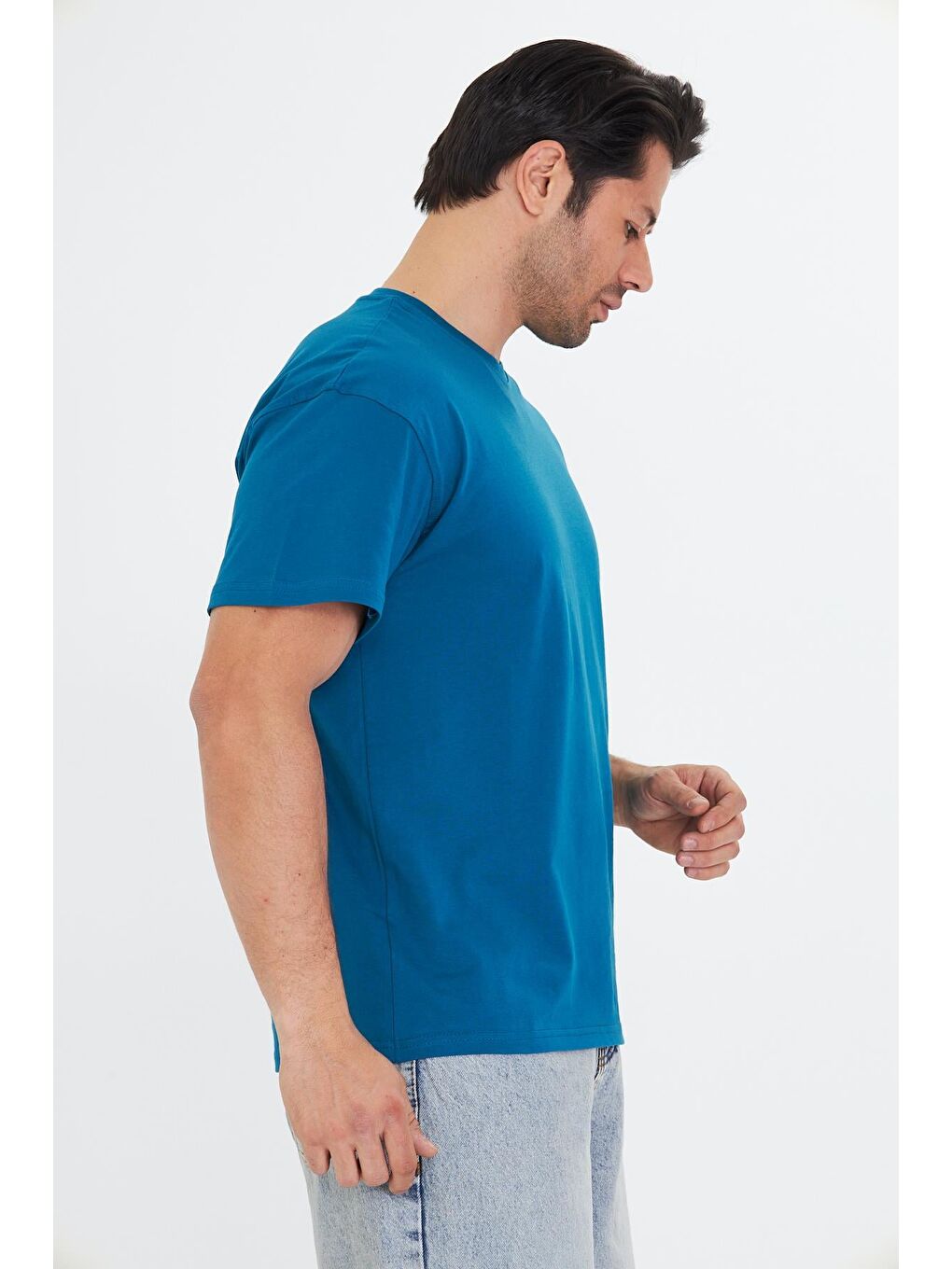 Erkek Pamuklu Bisiklet Yaka Oversize Tişört Mavi 5015-M-4