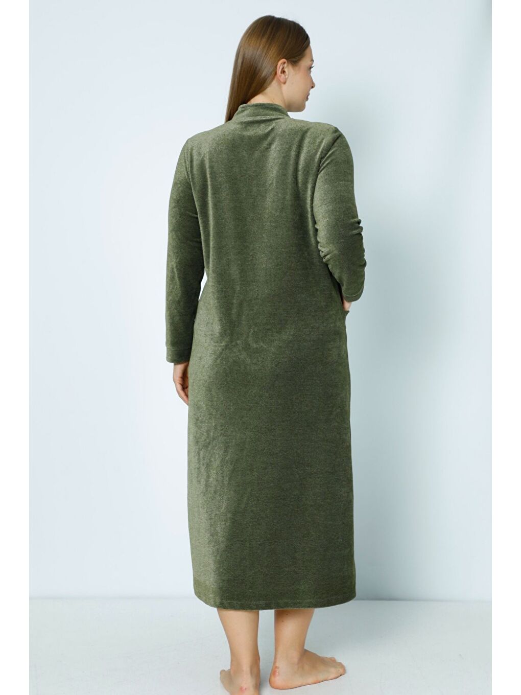 Haki Lacivert Uzun Kollu Fermuarlı Nakışlı Kadın Büyük Beden Pamuklu Kadife Elbise-3