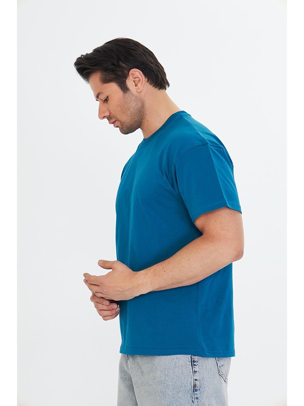 Erkek Pamuklu Bisiklet Yaka Oversize Tişört Mavi 5015-M-5