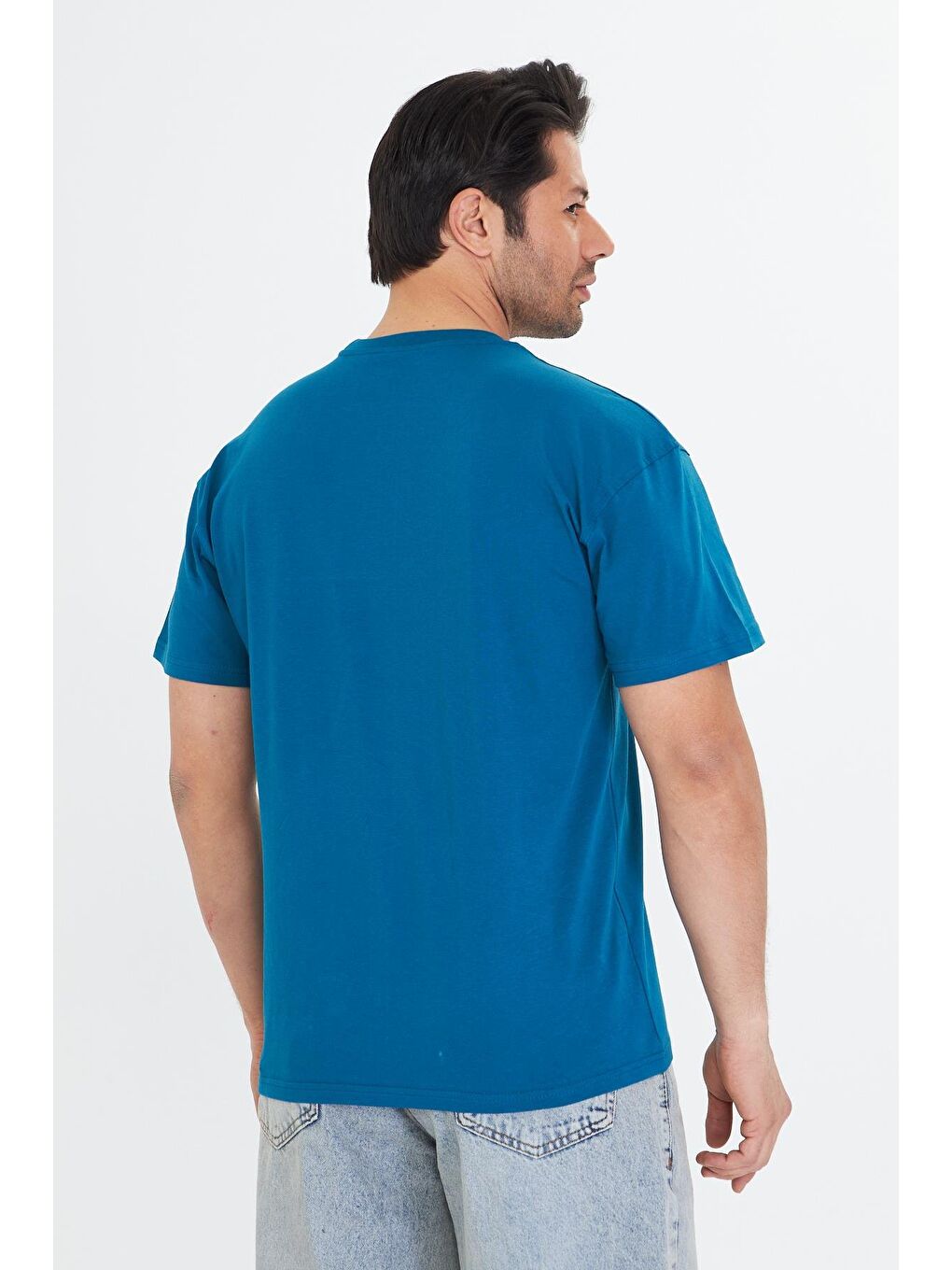 Erkek Pamuklu Bisiklet Yaka Oversize Tişört Mavi 5015-M-6