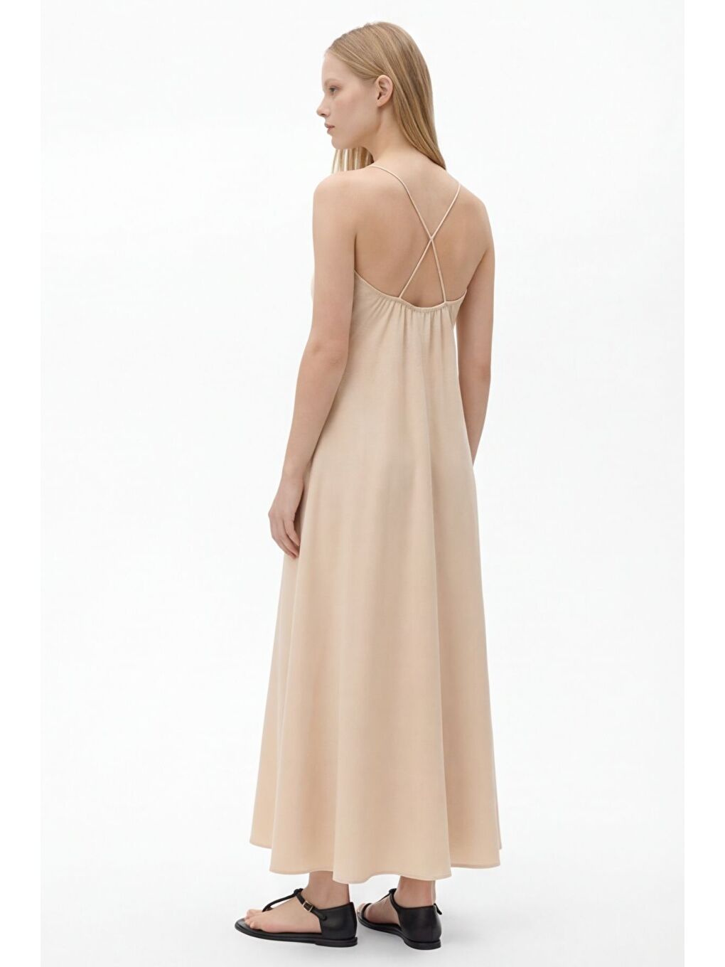 Bej Çapraz İp Askılı V Yaka Uzun Elbise Taş-3