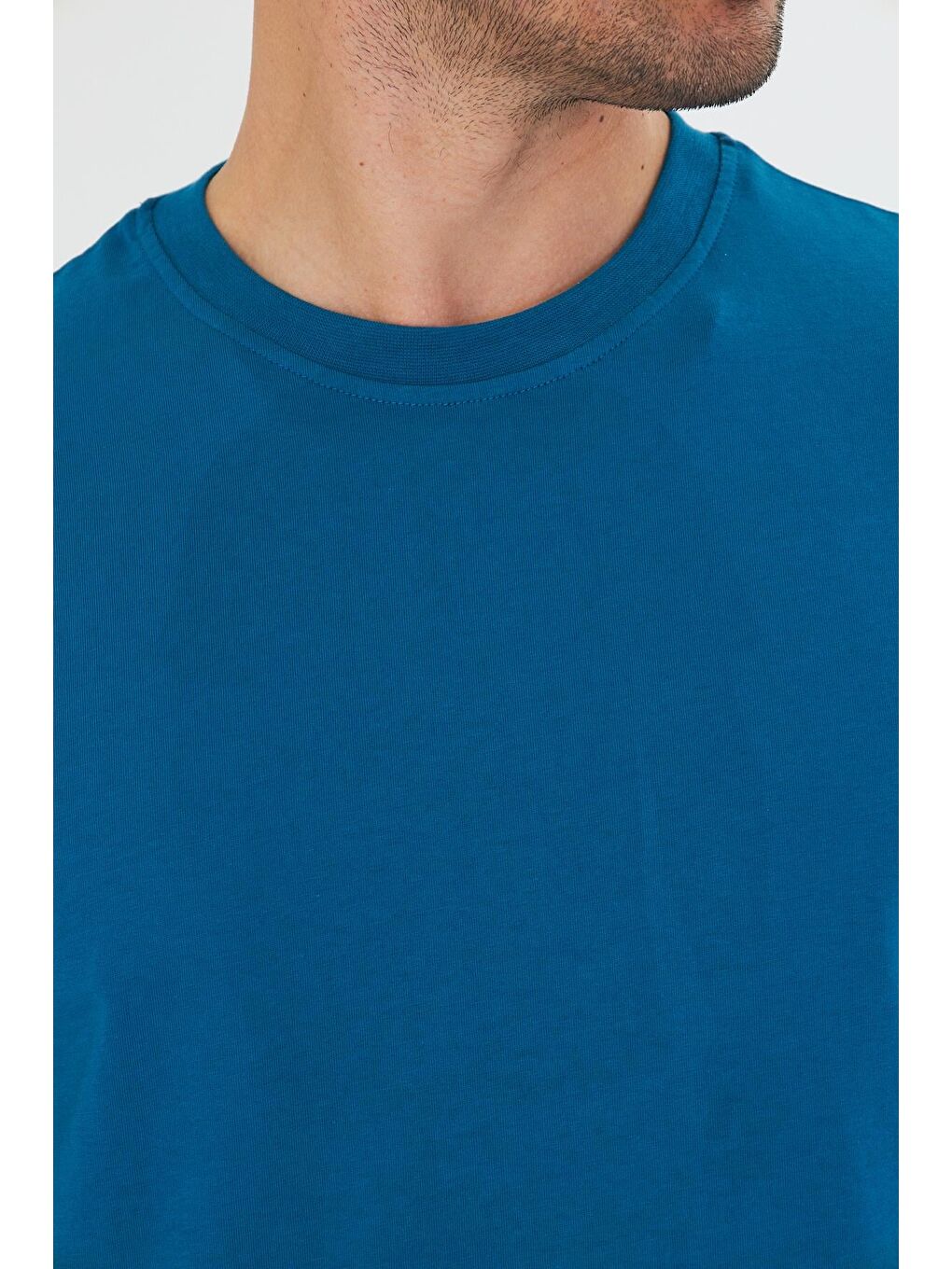 Erkek Pamuklu Bisiklet Yaka Oversize Tişört Mavi 5015-M-7