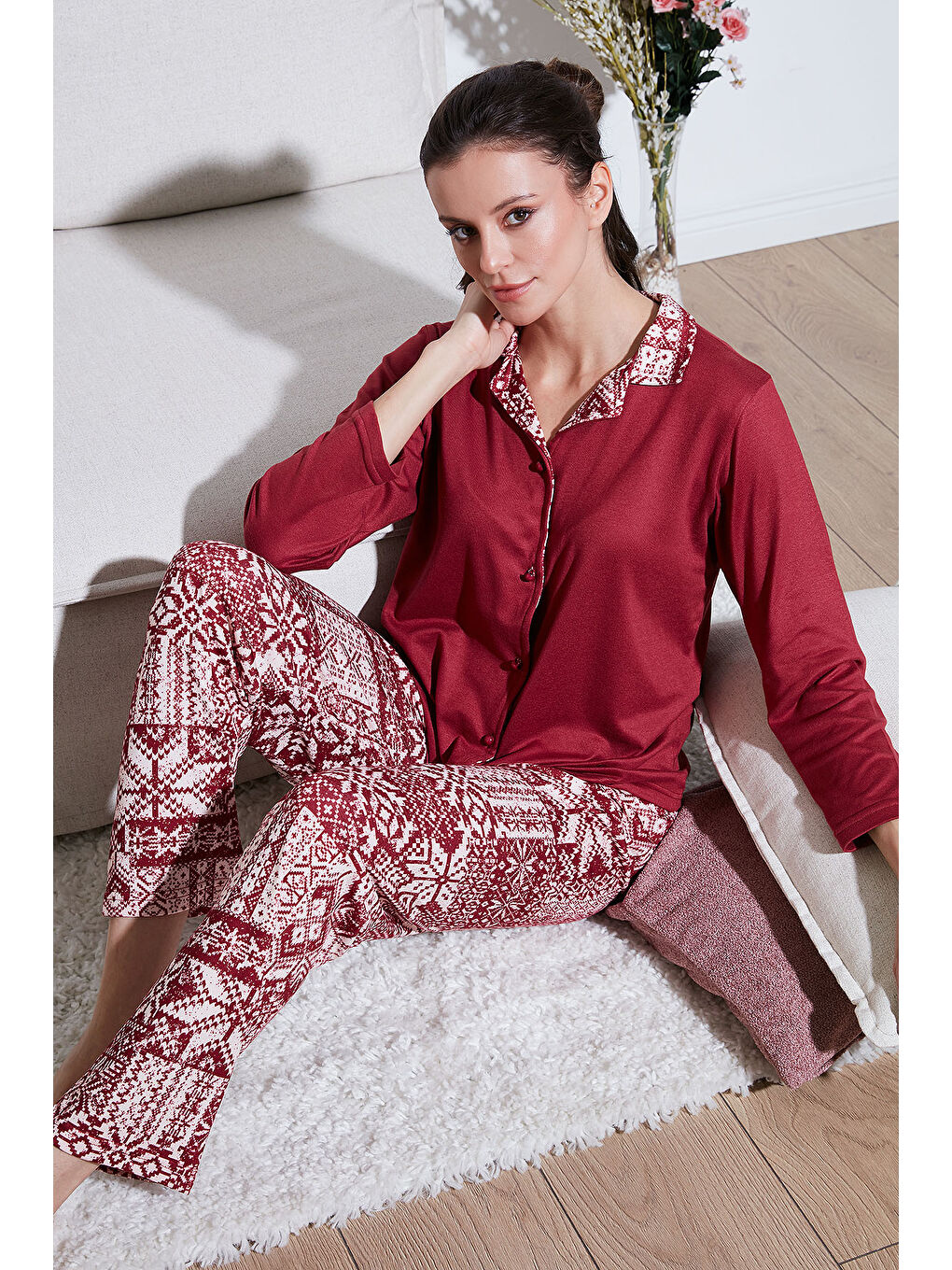 Lela Bordo Desenli Regular Fit Apaş Yaka Beli Lastikli Bol Paça Kadın Pijama Takımı 65714300