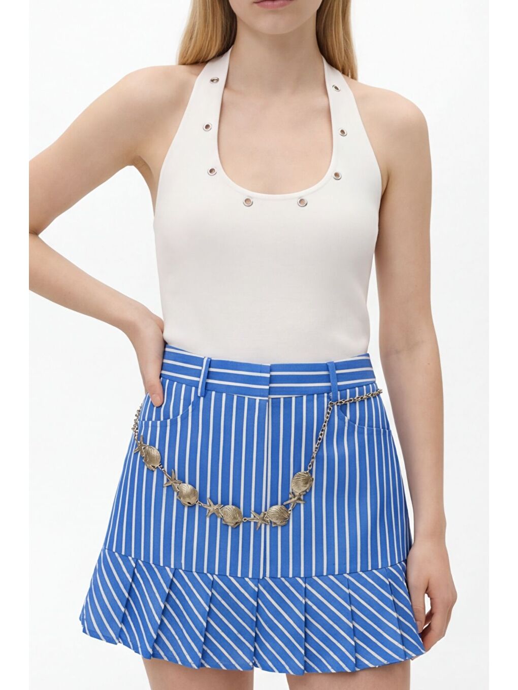 Aksesuar Zincirli Çizgili Mini Etek Mavi-2