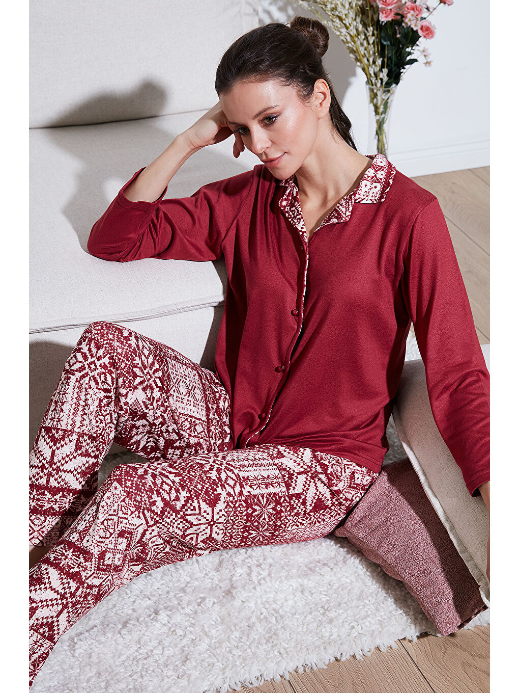 Lela Bordo Desenli Regular Fit Apaş Yaka Beli Lastikli Bol Paça Kadın Pijama Takımı 65714300 - 1