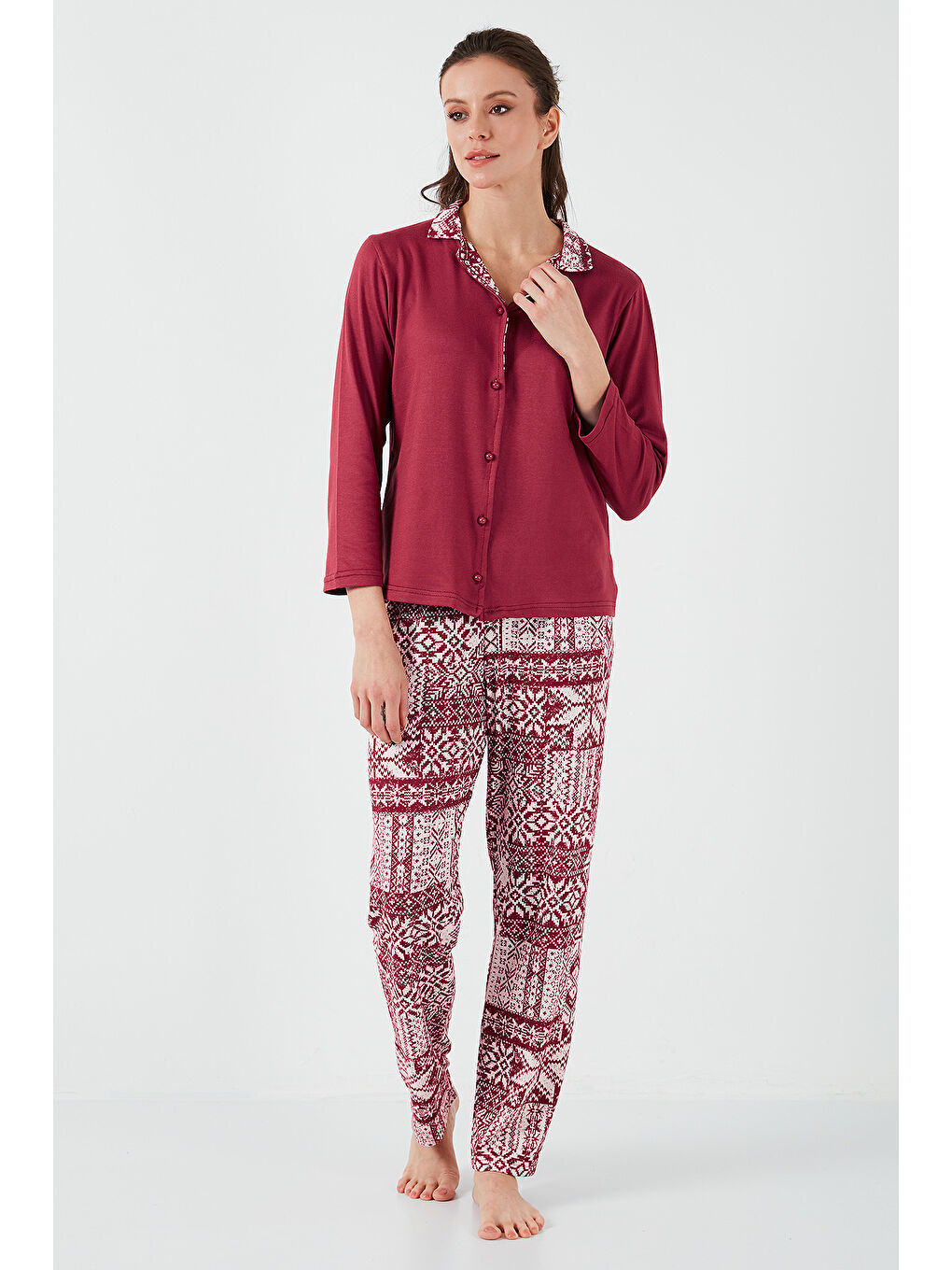 Lela Bordo Desenli Regular Fit Apaş Yaka Beli Lastikli Bol Paça Kadın Pijama Takımı 65714300 - 2