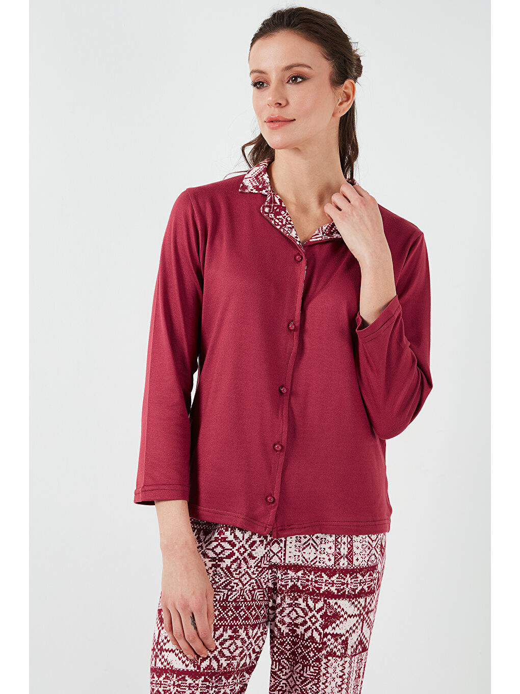 Lela Bordo Desenli Regular Fit Apaş Yaka Beli Lastikli Bol Paça Kadın Pijama Takımı 65714300 - 4