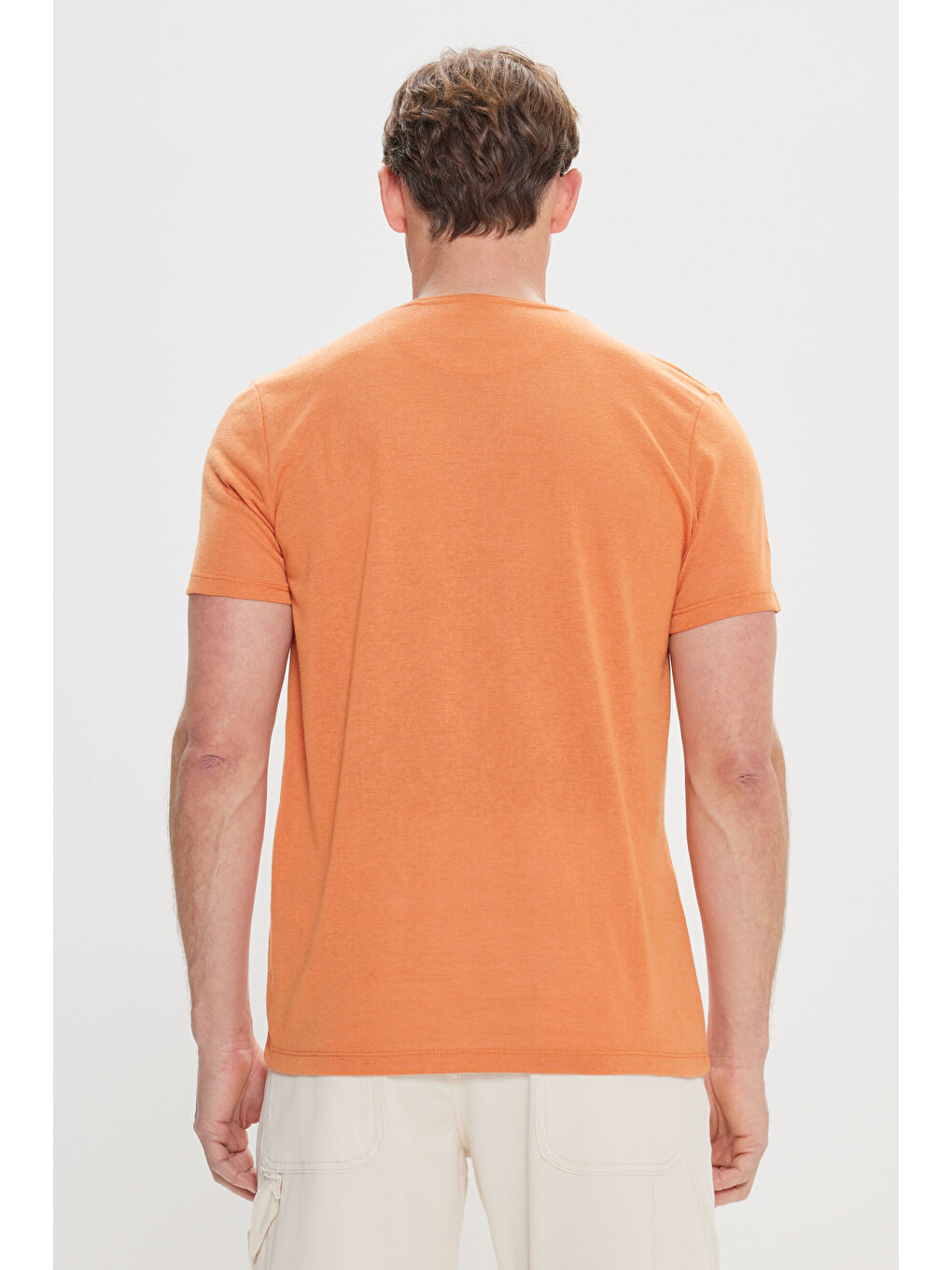 Erkek Turuncu Slim Fit Dar Kesim Bisiklet Yaka Kısa Kollu Keten Görünümlü Tişört-5