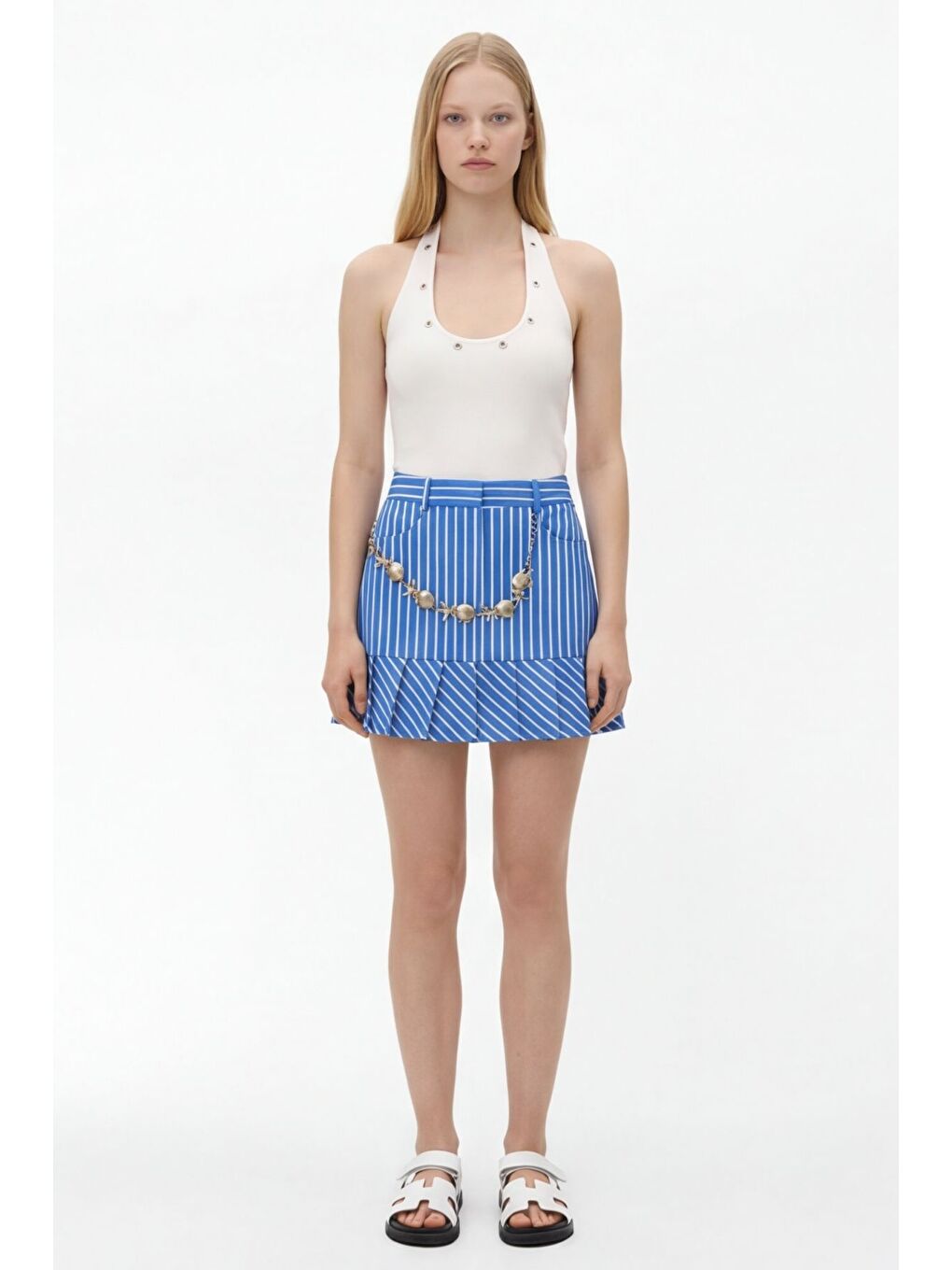 Aksesuar Zincirli Çizgili Mini Etek Mavi-3