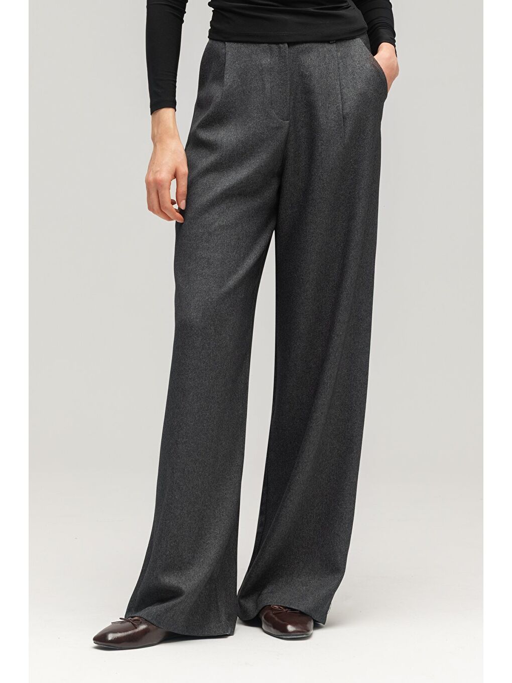 Antrasit Kadın Yün Görünümlü Yüksek Bel Geniş Paça Dokuma Pantolon-2