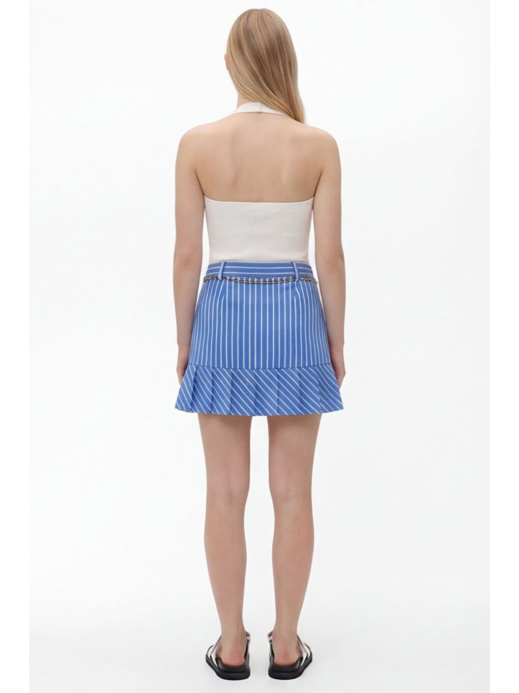 Aksesuar Zincirli Çizgili Mini Etek Mavi-4
