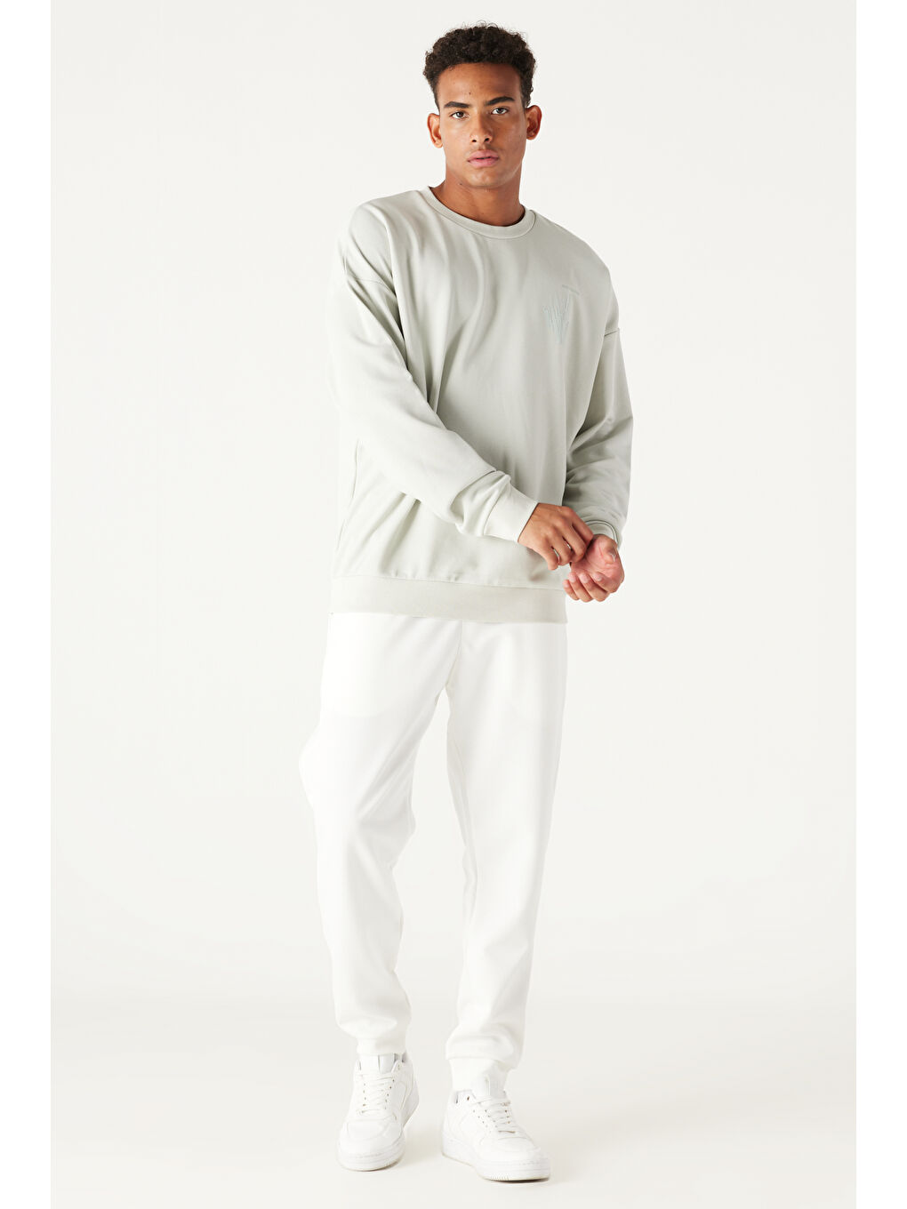 Erkek Su Yeşili Oversize Fit Geniş Kesim Bisiklet Yaka Baskılı Pamuklu Sweatshirt-1