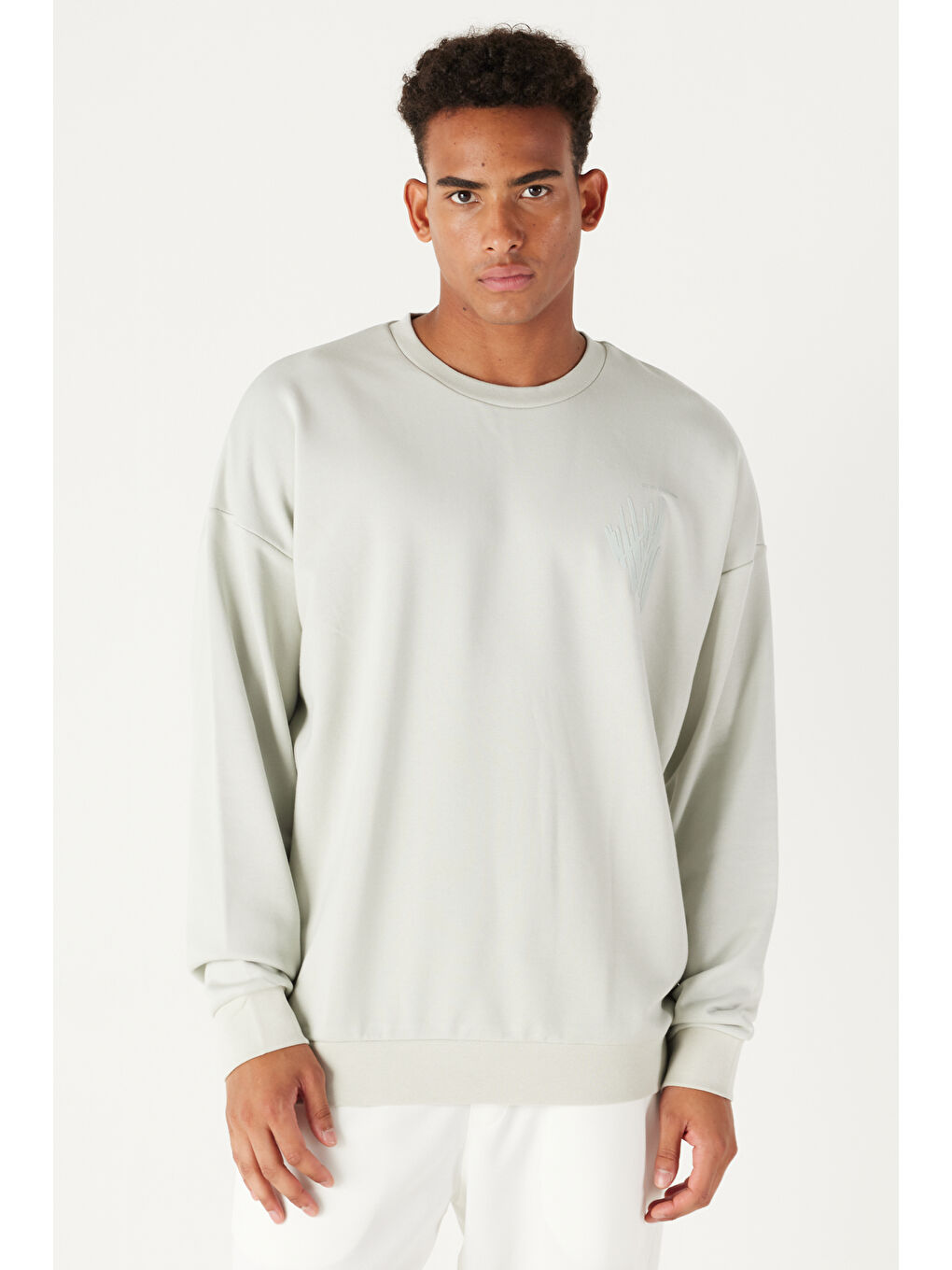 Erkek Su Yeşili Oversize Fit Geniş Kesim Bisiklet Yaka Baskılı Pamuklu Sweatshirt-2