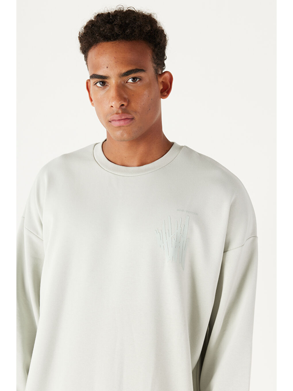 Erkek Su Yeşili Oversize Fit Geniş Kesim Bisiklet Yaka Baskılı Pamuklu Sweatshirt-4