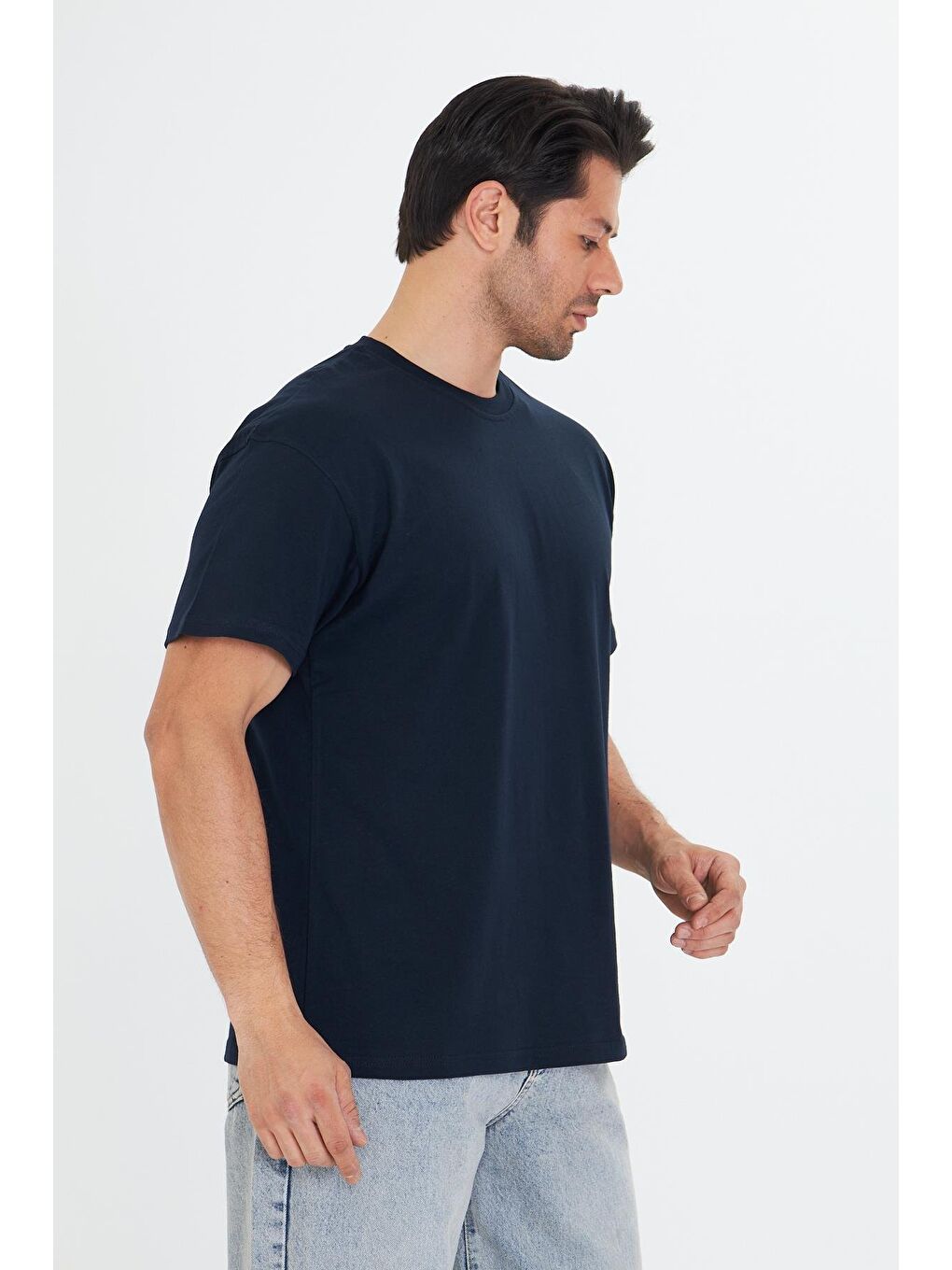 Erkek Pamuklu Bisiklet Yaka Oversize Tişört Lacivert 5015-L-4