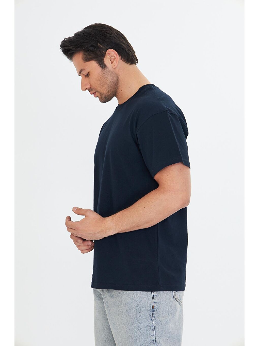 Erkek Pamuklu Bisiklet Yaka Oversize Tişört Lacivert 5015-L-5