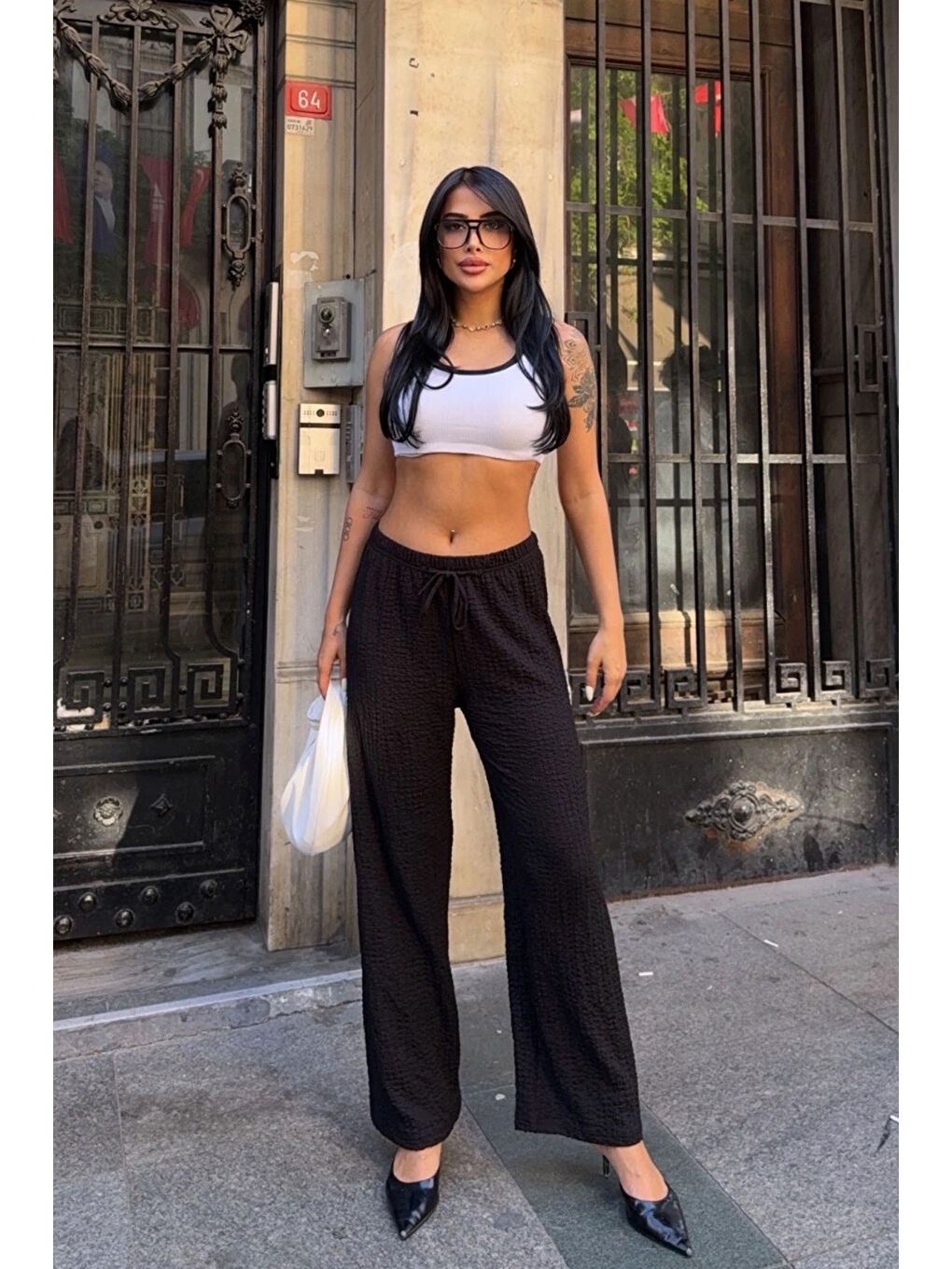 Kadın Siyah Beli Lastikli Rahat Kesim Bürümcük Pantolon HZL25S-DSB163631-2