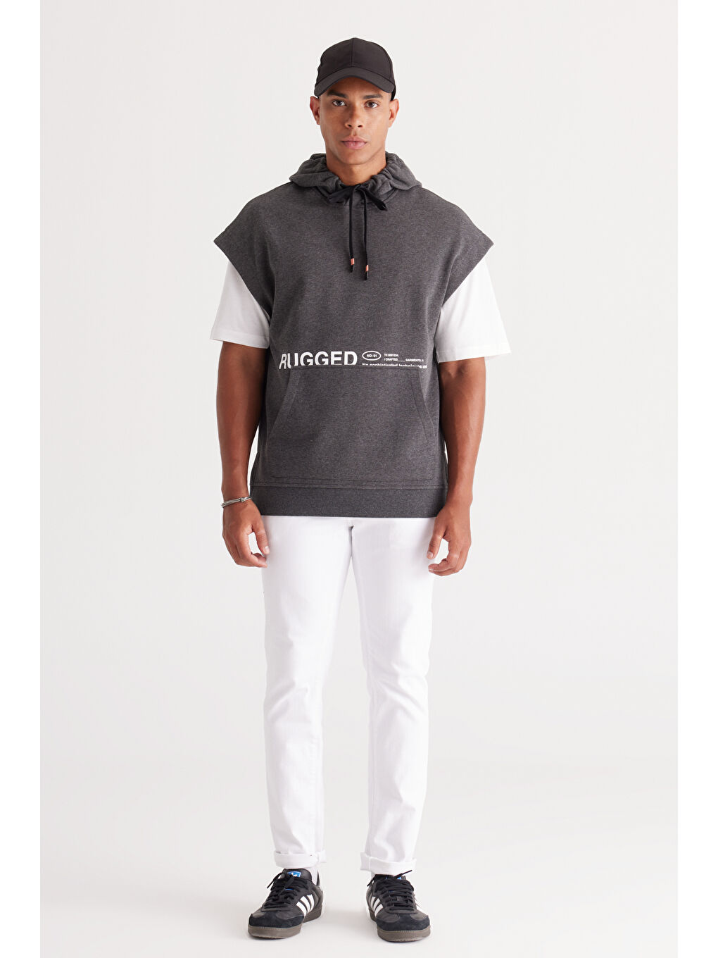 Erkek Antrasit-Melanj Oversize Bol Kesim Kapüşonlu Baskılı Sweatshirt-1