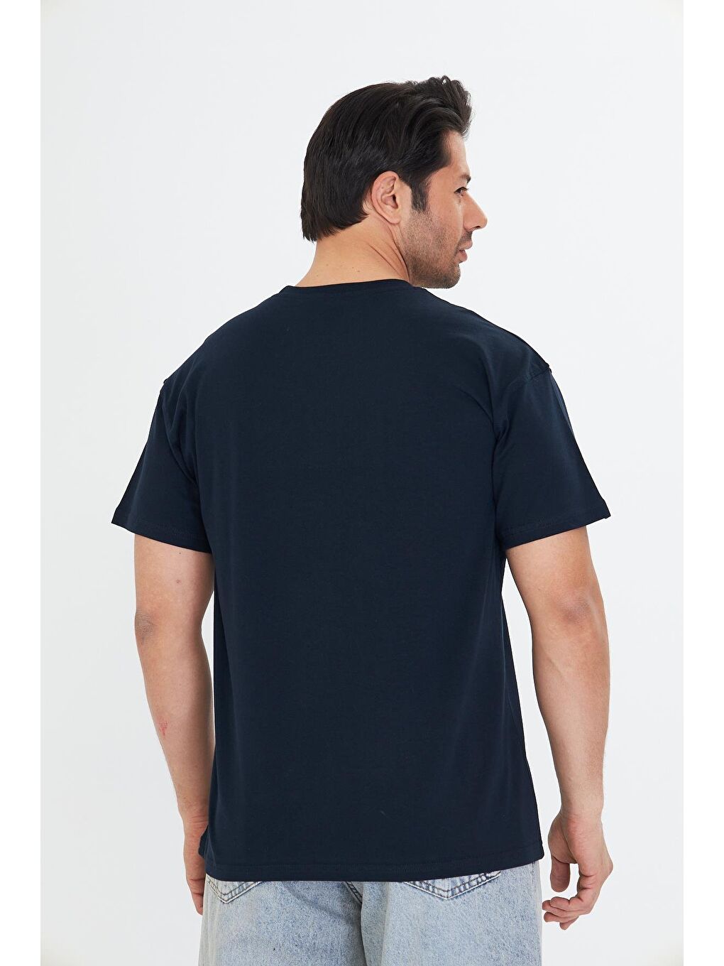 Erkek Pamuklu Bisiklet Yaka Oversize Tişört Lacivert 5015-L-6