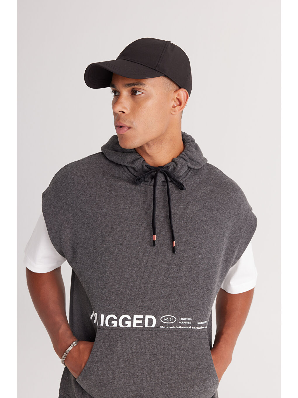 Erkek Antrasit-Melanj Oversize Bol Kesim Kapüşonlu Baskılı Sweatshirt-2