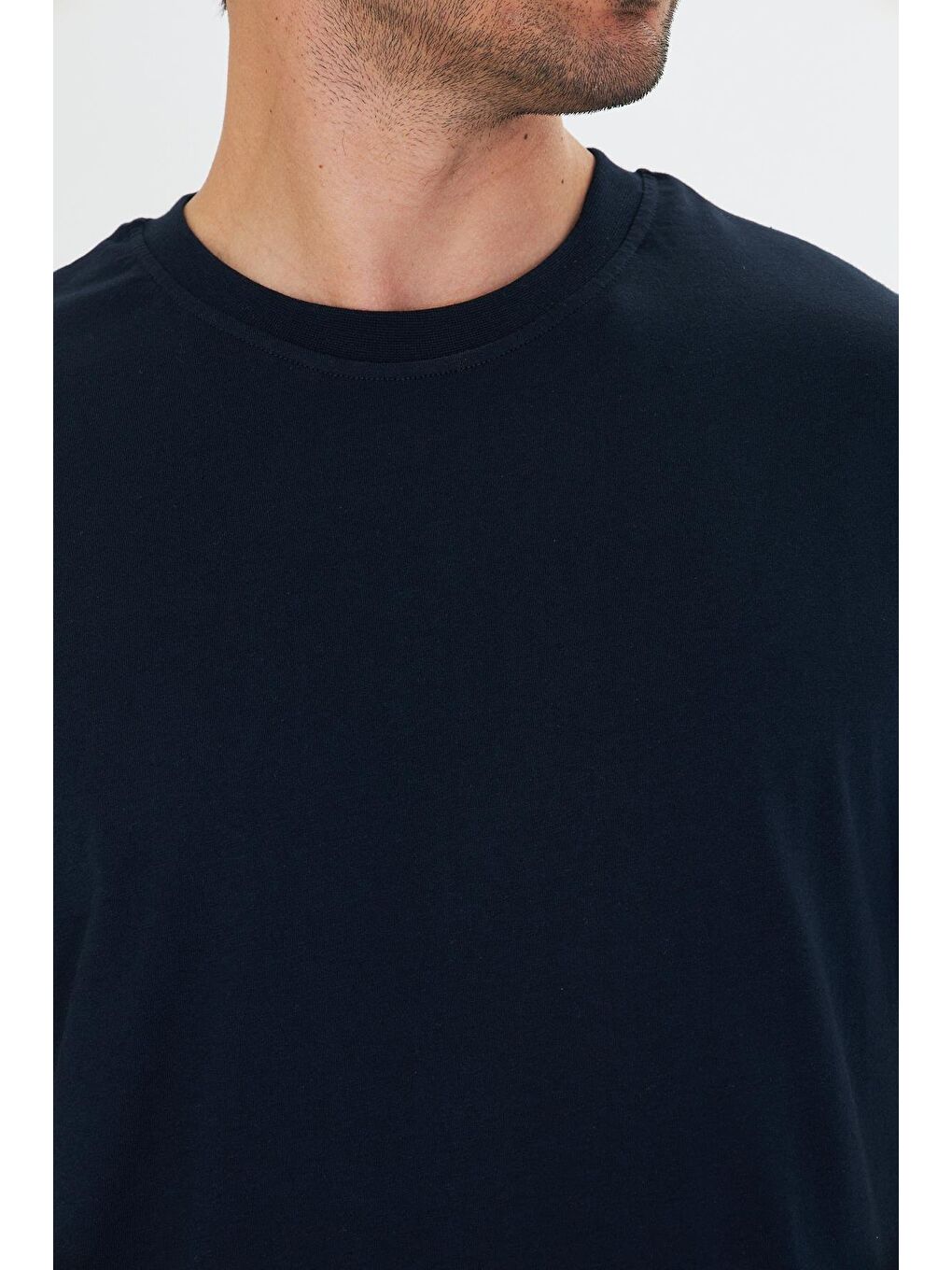 Erkek Pamuklu Bisiklet Yaka Oversize Tişört Lacivert 5015-L-7