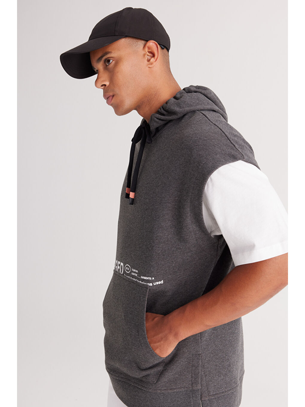 Erkek Antrasit-Melanj Oversize Bol Kesim Kapüşonlu Baskılı Sweatshirt-3