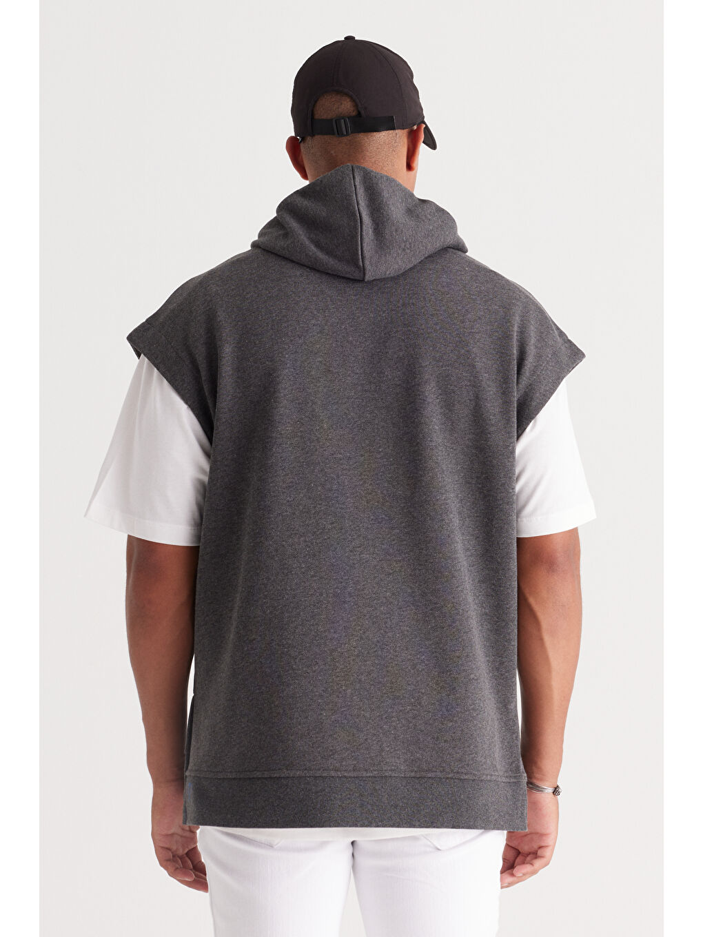 Erkek Antrasit-Melanj Oversize Bol Kesim Kapüşonlu Baskılı Sweatshirt-4