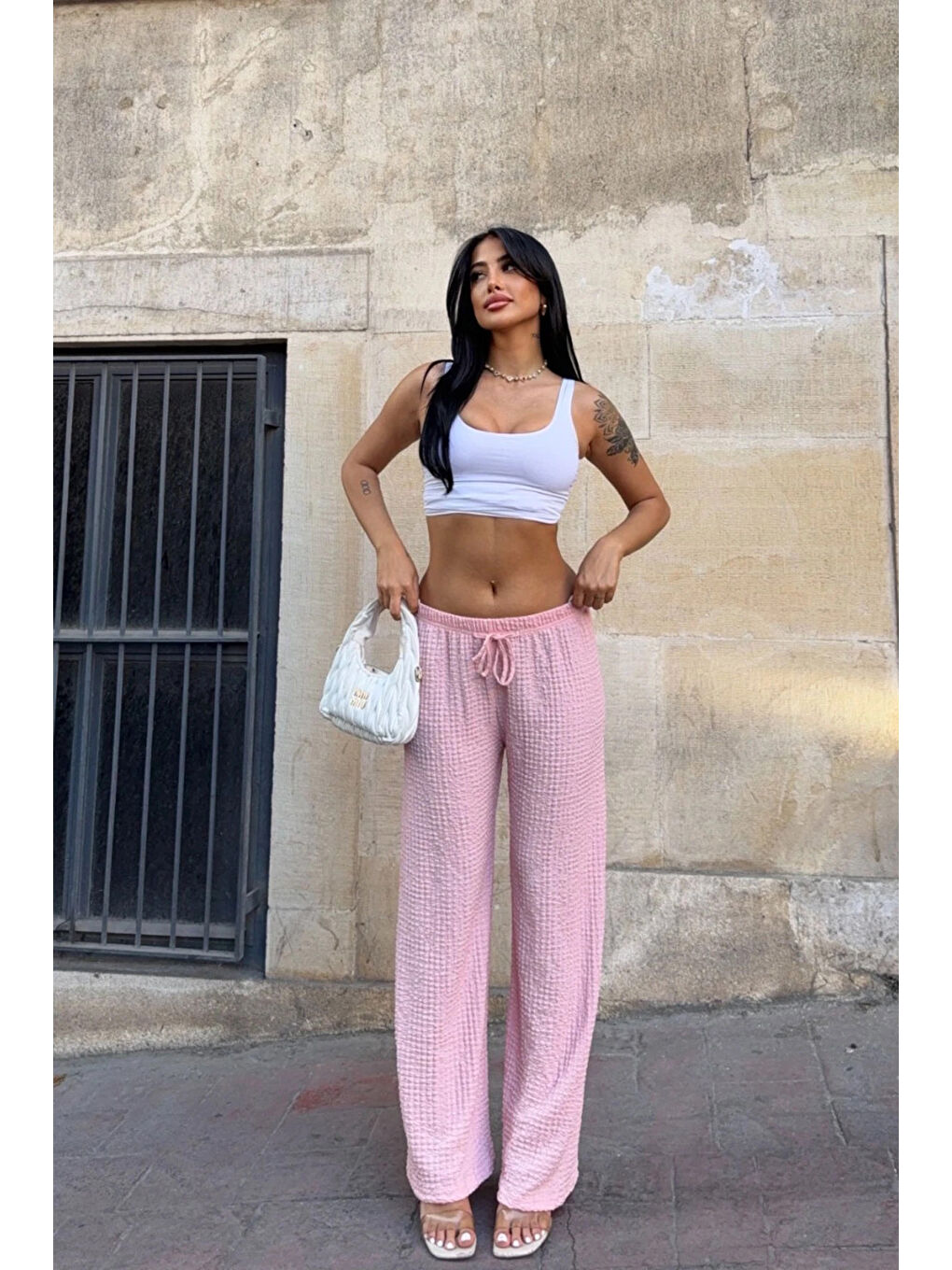 Kadın Pembe Beli Lastikli Rahat Kesim Bürümcük Pantolon HZL25S-DSB163631-1