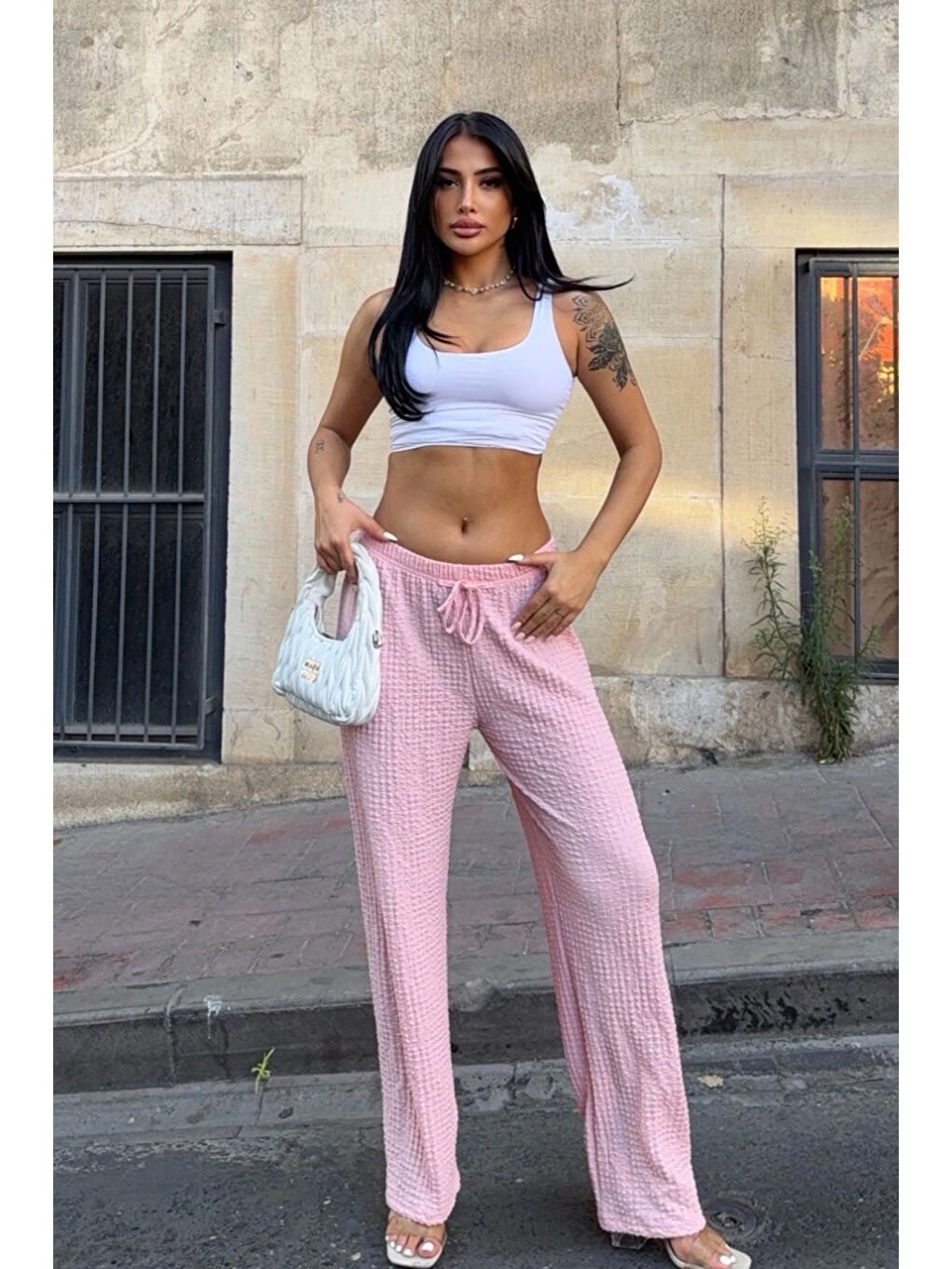 Kadın Pembe Beli Lastikli Rahat Kesim Bürümcük Pantolon HZL25S-DSB163631-2