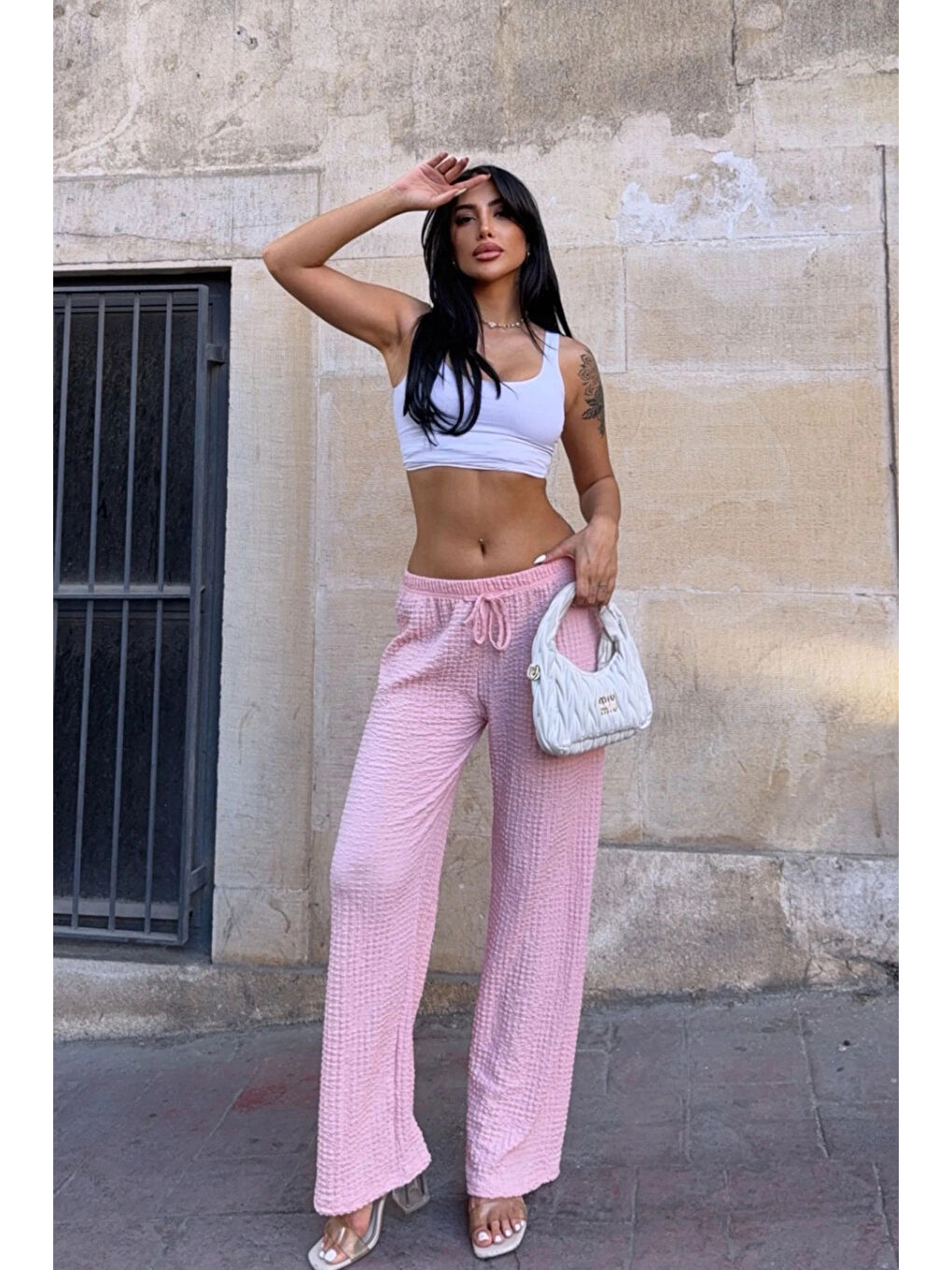 Kadın Pembe Beli Lastikli Rahat Kesim Bürümcük Pantolon HZL25S-DSB163631-3