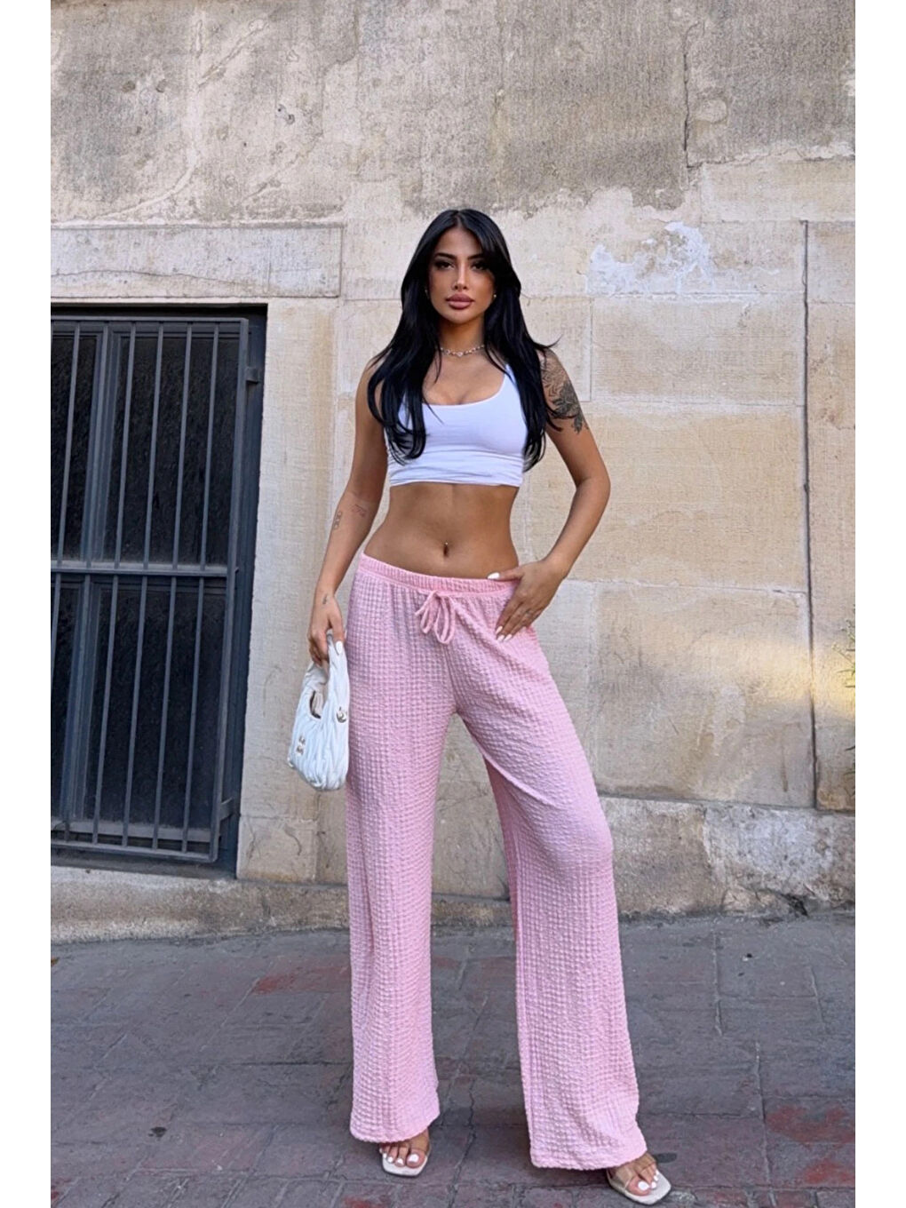 Kadın Pembe Beli Lastikli Rahat Kesim Bürümcük Pantolon HZL25S-DSB163631-4